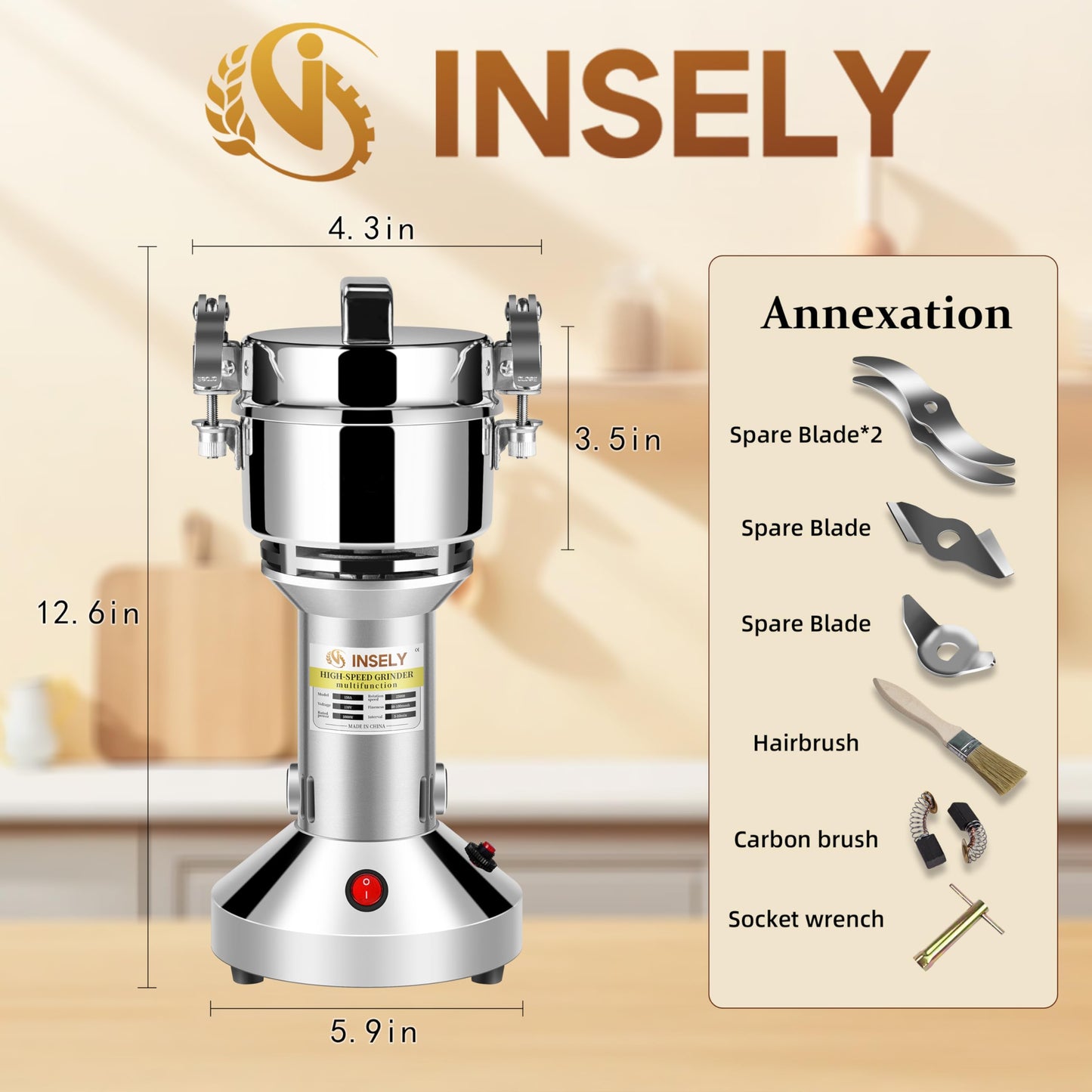 INSELY Grain Mill 150g, flour mill grinder for home, Electric Stainless Steel Grain Grinder for Wheat, Spices, coffee,Corn and Other Dry Food Grinders for Kitchen