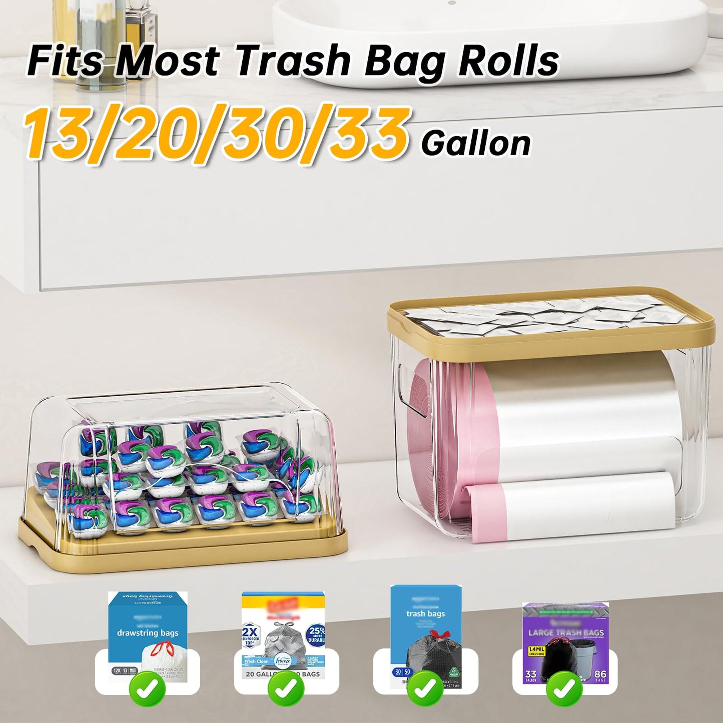 ZZWILLB 2-in-1 Trash Bag Dispenser & Laundry/Dishwasher Pods Container, Clear Acrylic Garbage Bag Holder with Removable Lids, Under Sink Organizer Kitchen Pantry Storage Box