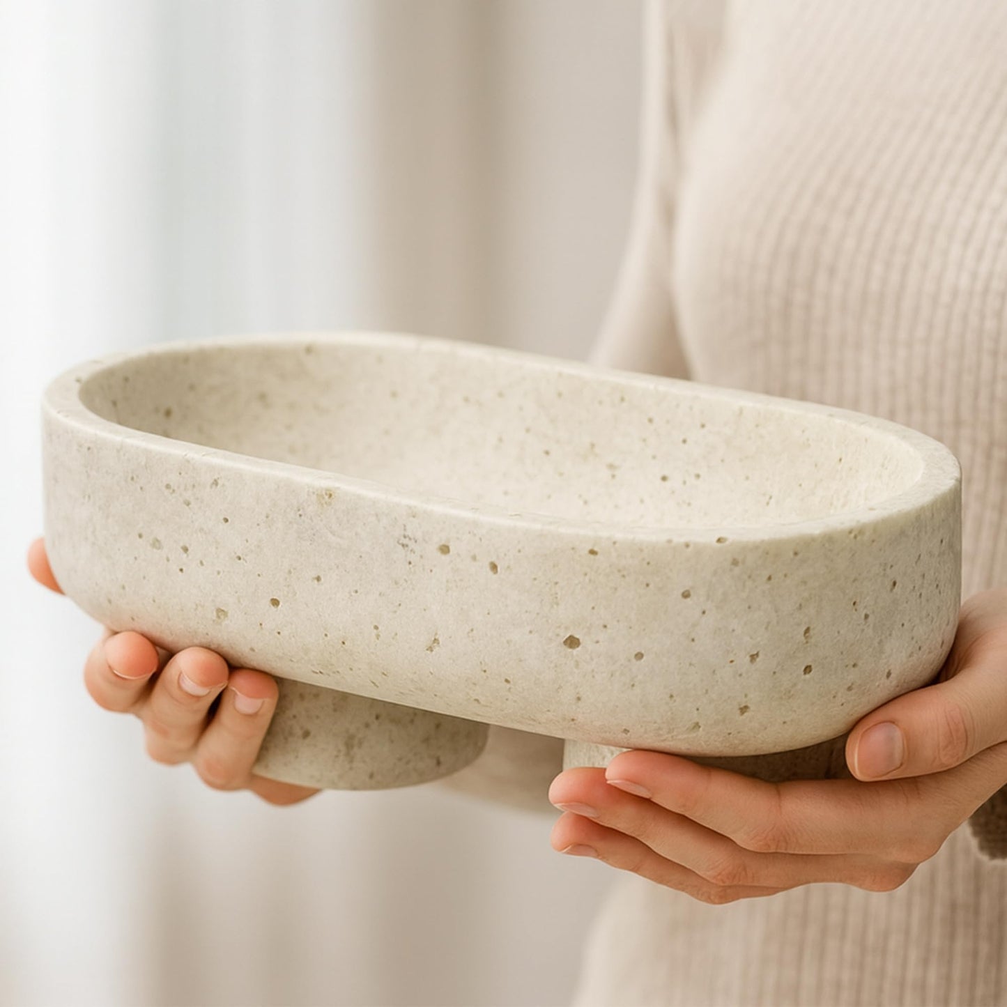 VERSSURE Natural Oval Travertine Decorative Bowl,Marble Friut Bowl with 2 Legs,Vanity Decorative Tray, Kitchen Countertop Decorative Bowl for Home Decor (Marble Bowl)