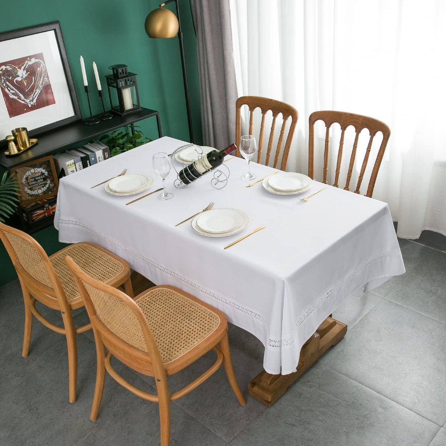 EHouseHome Fabric Table Cloth of Textile with White Lace-Waterproof/Wrinkle Free/Stain Resistant/Oil Proof-for Dining,Indoor&Outdoor,Wedding,Holiday,White,Rectangle 60x144Inch