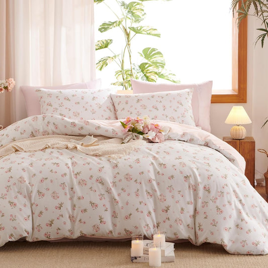 Erwinmu Floral Comforter Set Queen Size - 3 Pieces Pink White Floral Comforter Bedding Sets Reversible Pattern,Queen Bed in a Bag with Flowers Comforter and 2 Pillowcases