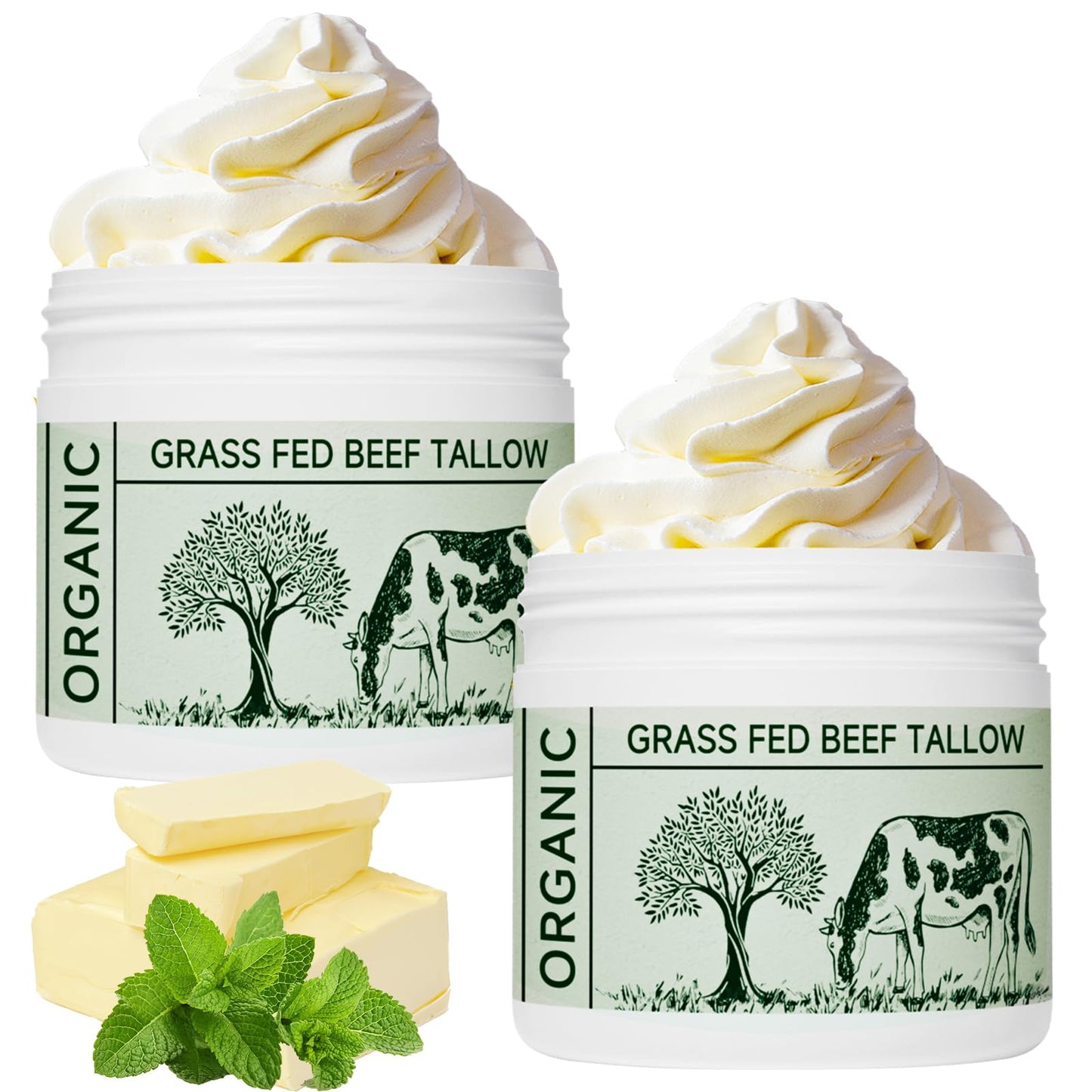 mkzea Beef Tallow, Beef Tallow for Skin, Tallow Face Moisturizer, Unscented 100% Organic Beef Tallow Blam Grass Fed Whipped Tallow Face Cream Moisturizer Body Lotion Skin Care, 2 packs