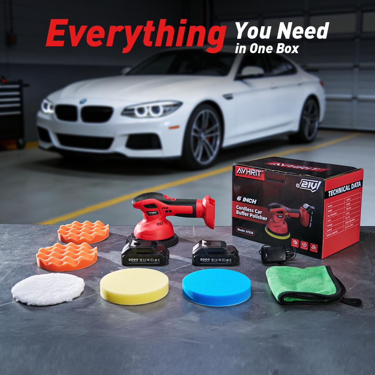 Avhrit Cordless Car Buffer Polisher kit w/ 2x2000mAh 21V Batteries, 6 Inch Car buffer Waxer Kit w/ 6 Variable Speed & Extra 10 PCS Attachments, Polisher for Car Detailing,Boat Sanding,Scratch Removing