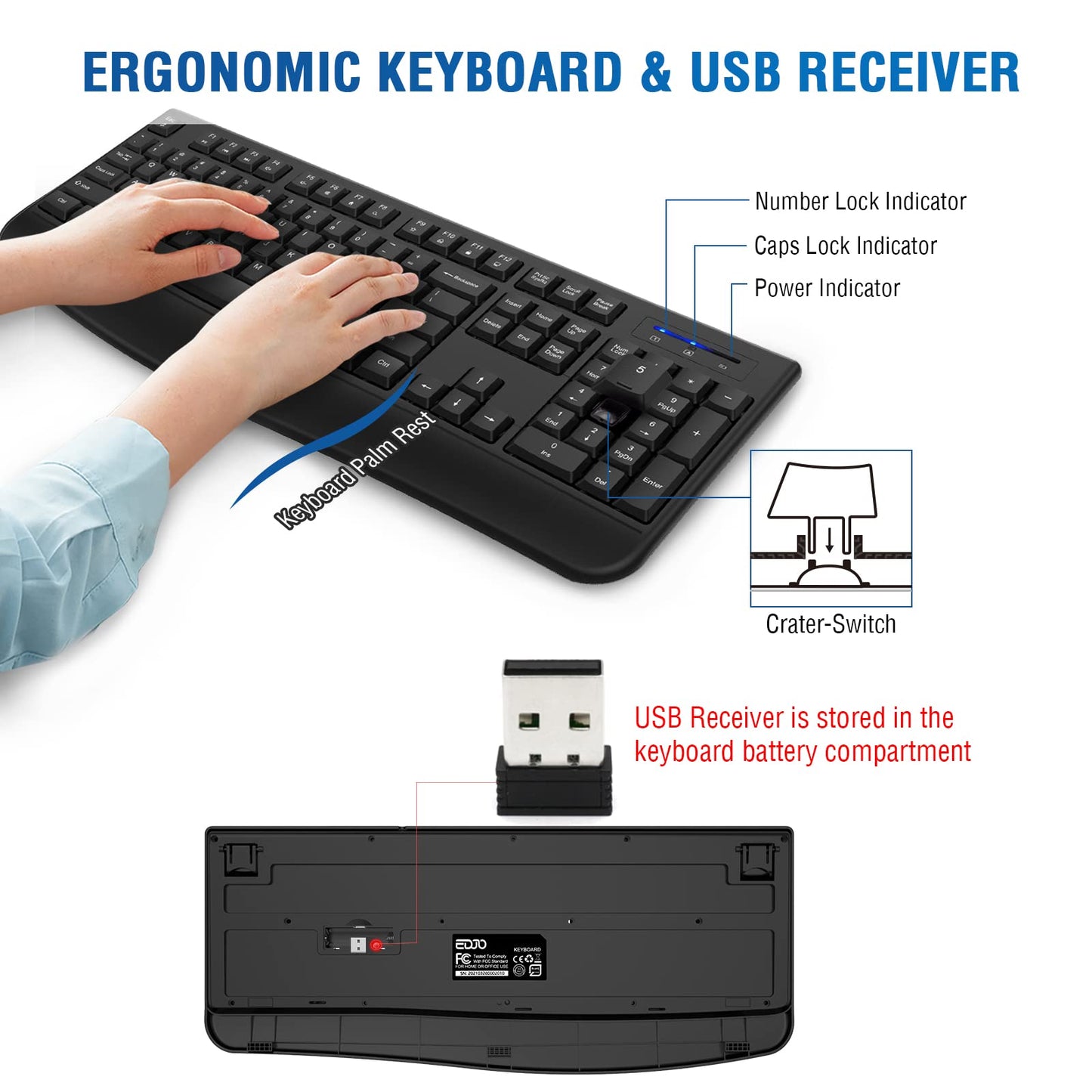 Wireless Keyboard and Mouse Combo, EDJO 2.4G Full-Sized Ergonomic Computer Keyboard with Wrist Rest and 3 Level DPI Adjustable Wireless Mouse for Windows, Mac OS Desktop/Laptop/PC (Black)
