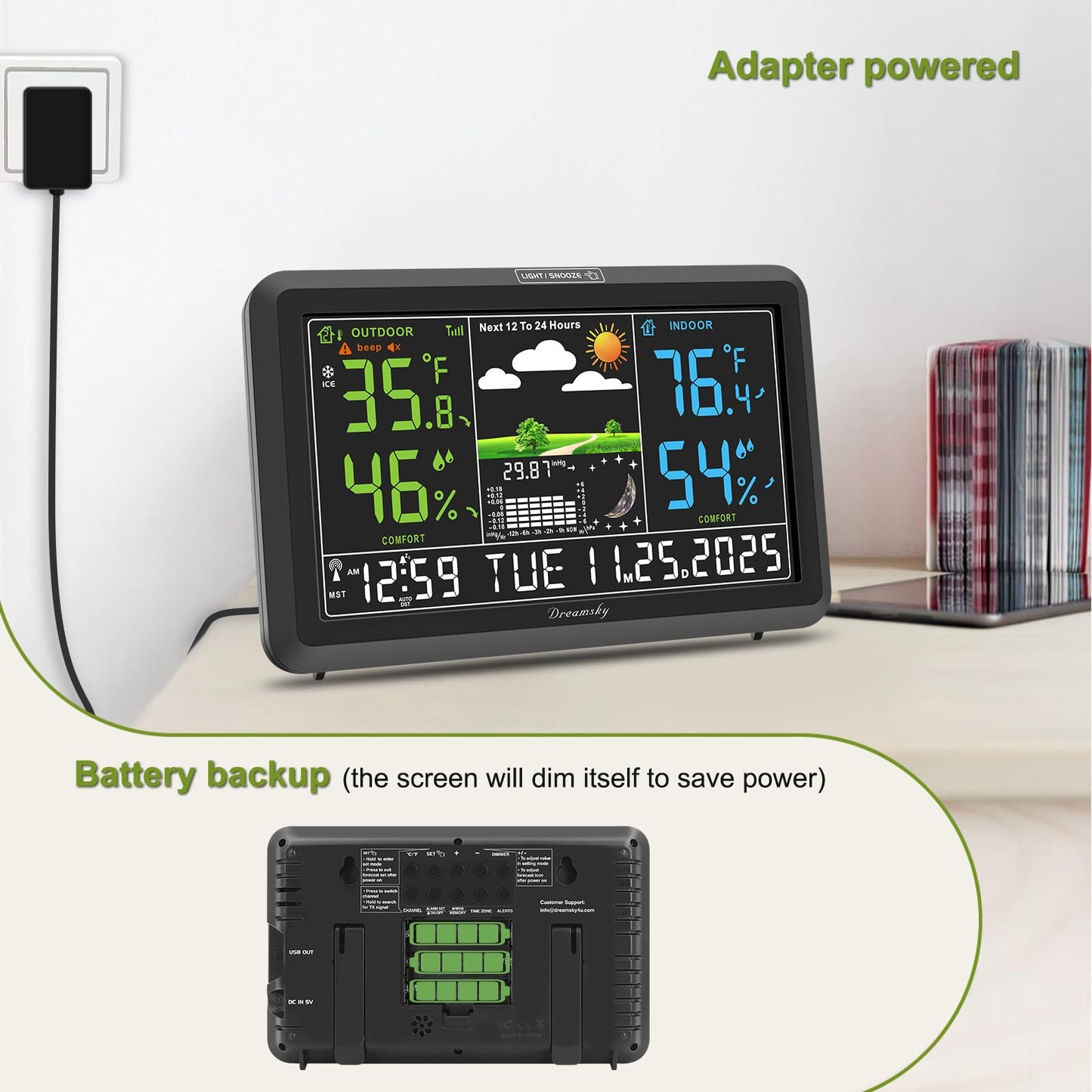 DreamSky Weather Station Indoor Outdoor Thermometer Wireless with Digital Atomic Clock for Home, Large Display with Dimmer, USB Port, Inside Outside Temperature Humidity Monitor (Plug-in)-2 Sensors
