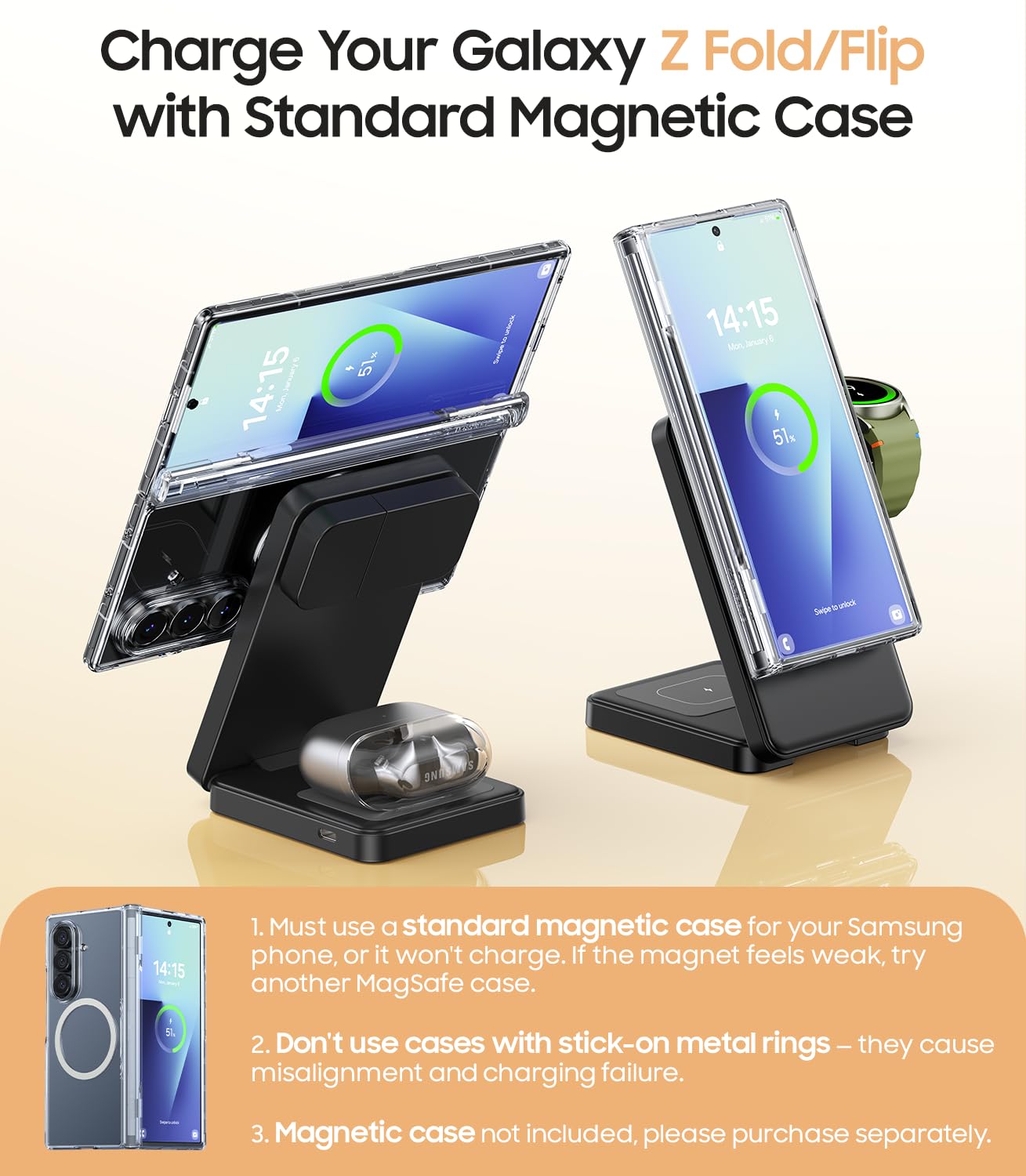 3 in 1 Magnetic Foldable Wireless Charger for Samsung, Fast Mag-Safe Charging Station for Galaxy S25 S24 S23 Ultra Plus/Z Fold/Z Flip 7/6/5, Charger Stand for Galaxy Watch Ultra /8/7/6/5/Pro, for Buds