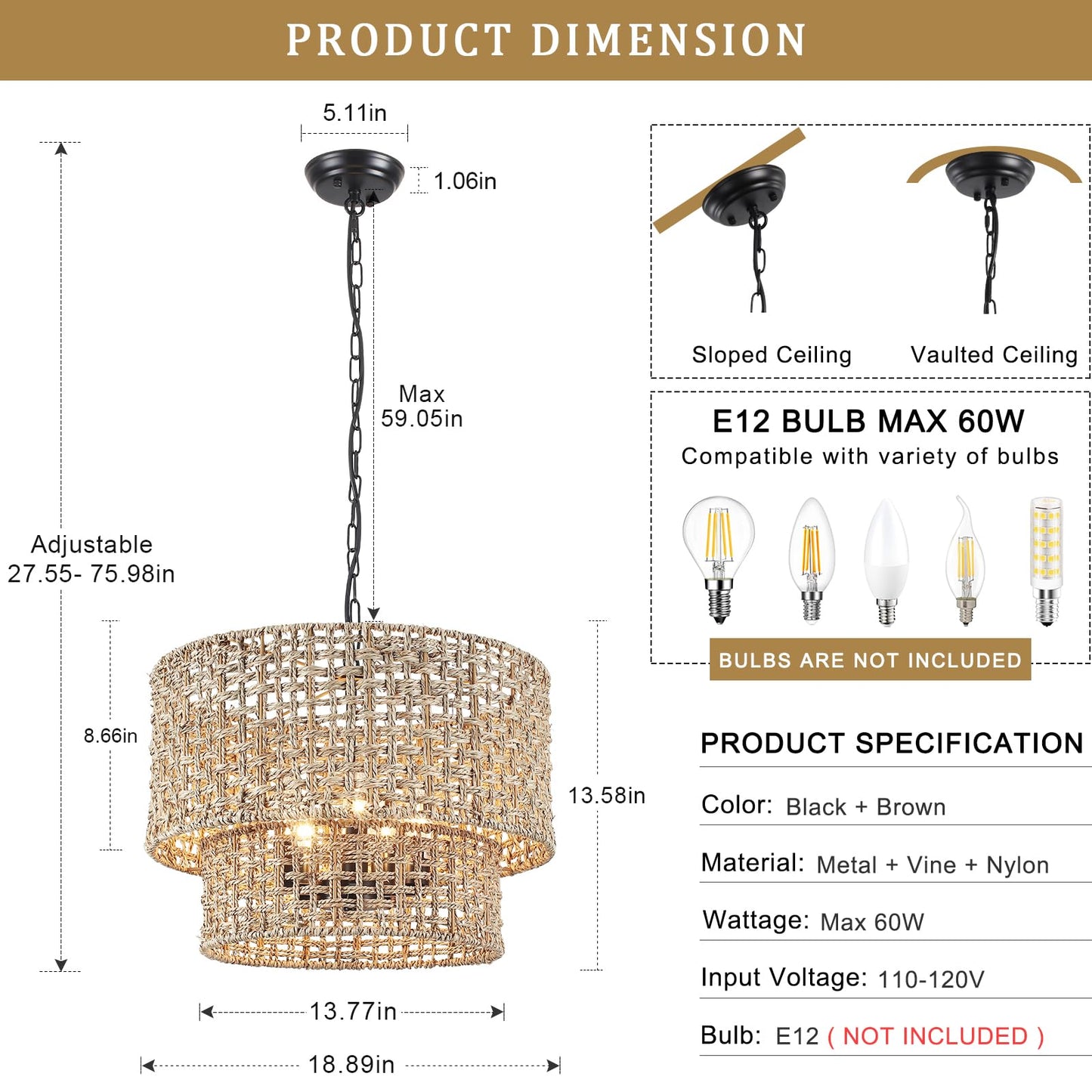 18.9" Rattan Farmhouse Chandelier 5-Light Large Boho Wicker Pendant Light Fixtures Hanging Coastal Drum Lighting Hand 2 Tier Woven Chandeliers for Living Room Dining Room Kitchen Island Foyer Entryway
