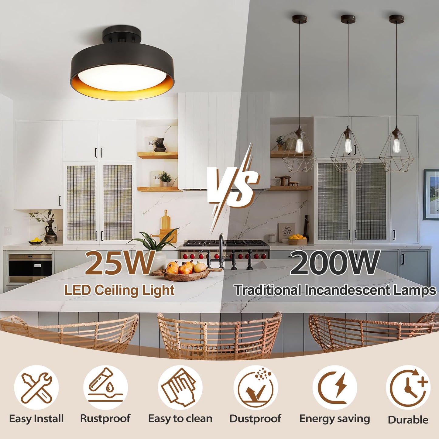 SunRider Semi Flush Mount Ceiling Lights, 12 Inch 25W LED Ceiling Light Fixture Black for Hallway Kitchen, Gold Inside, 5000K Daylight White, Dimmable