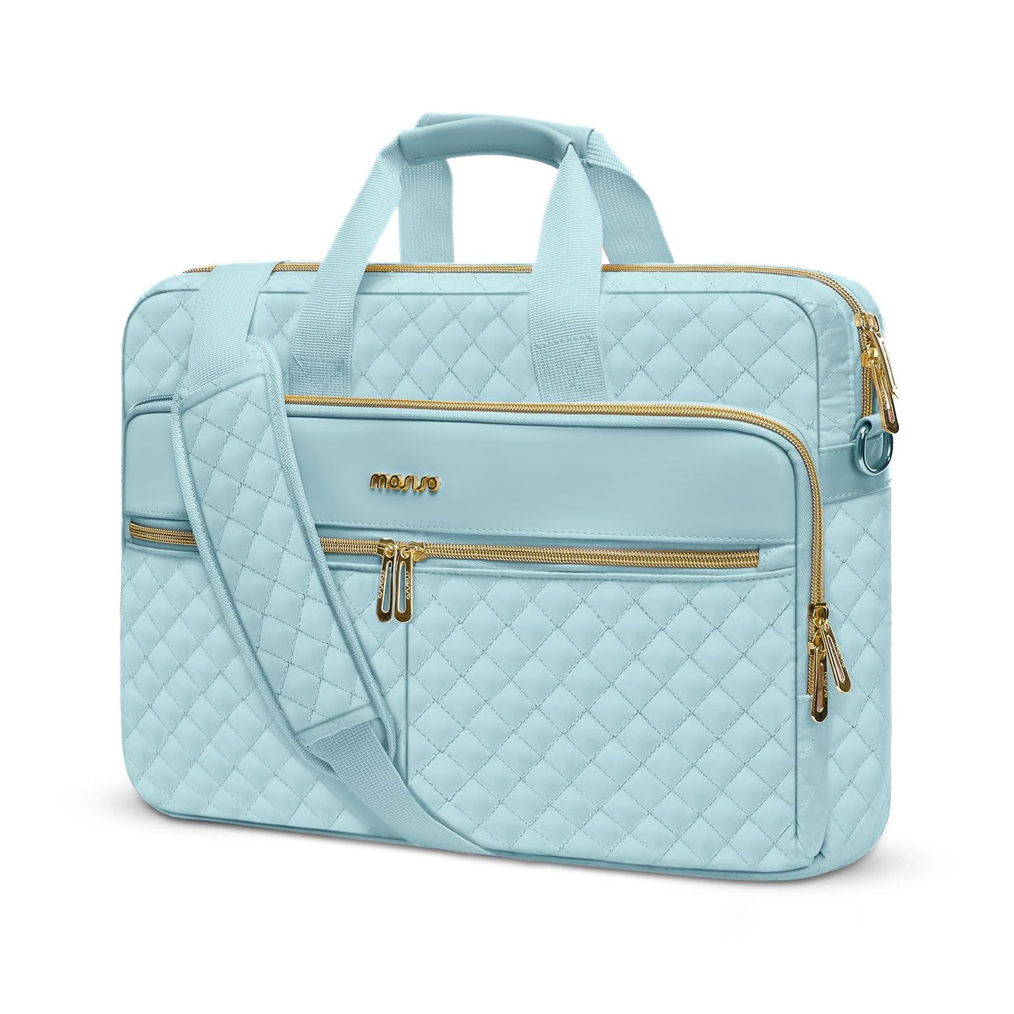 MOSISO 15-16 inch Laptop Bag, Laptop Briefcase Messenger Compatible with MacBook Pro 16/Air 15, HP, Dell, Lenovo, Square Quilted Computer Bag Work Office Business with 3 Pockets&Strap, Ice Blue