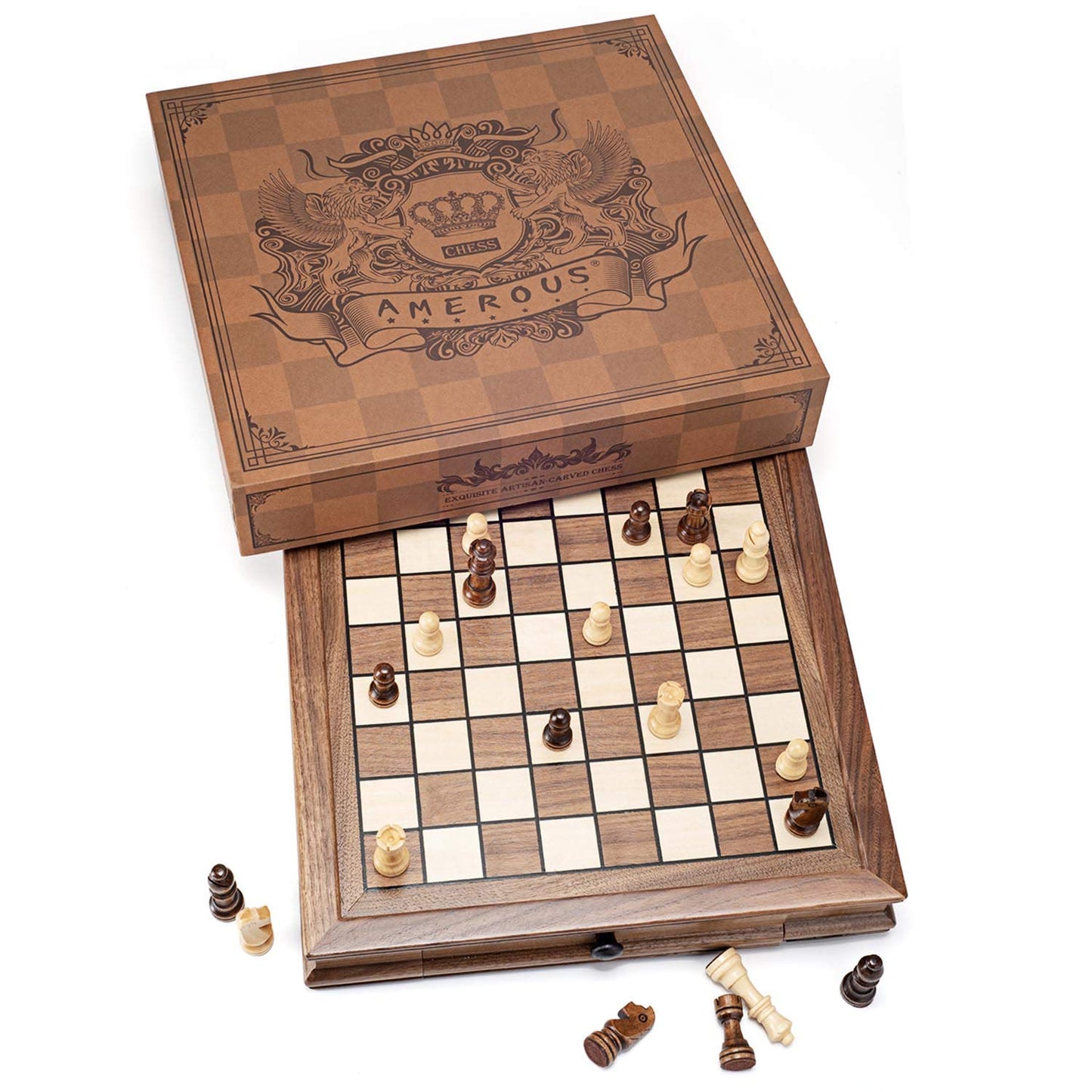 AMEROUS Magnetic Wooden Chess Set, 12.8" x 12.8" Walnut Chess Board Game with 2 Built-in Storage Drawers - 2 Bonus Extra Queens - Chess for Beginner, Kids and Adults, Gift Packaging