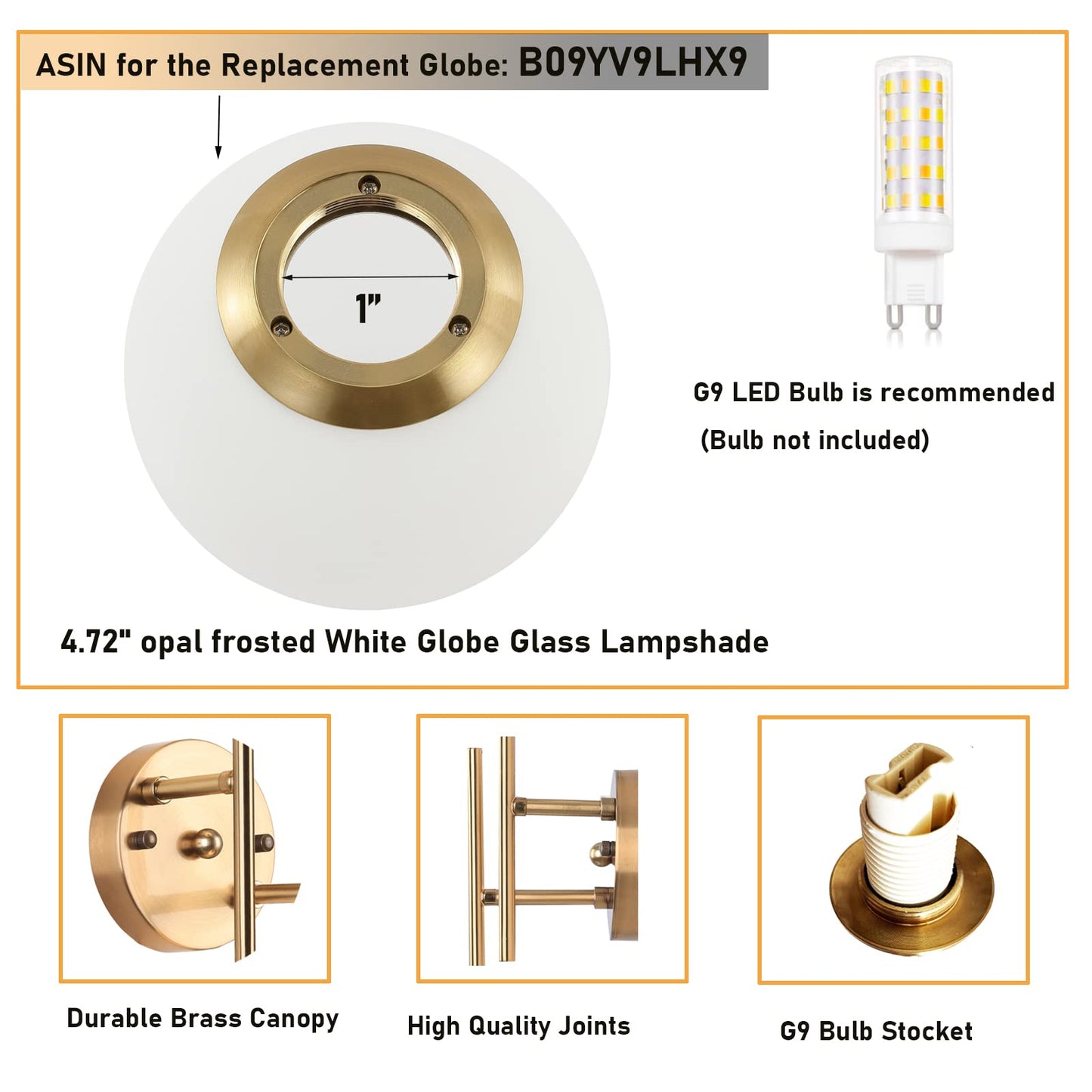 BYOLIIMA Gold Globe Wall Sconce, 7.5" W x 20" H, G9 Base, Compatible with LED or Halogen Bulbs, Perfect for Bathroom, Kitchen, Living Room, Home Office, Lobby, Bedroom