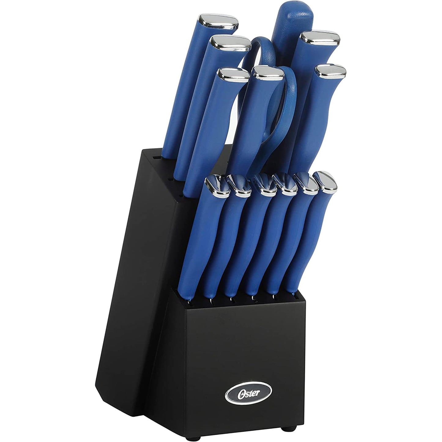 Oster Langmore 15-Piece Stainless Steel Cutlery Knife Block Set with Classic Blue Handles – Full Kitchen Knife Set in Black Storage Box
