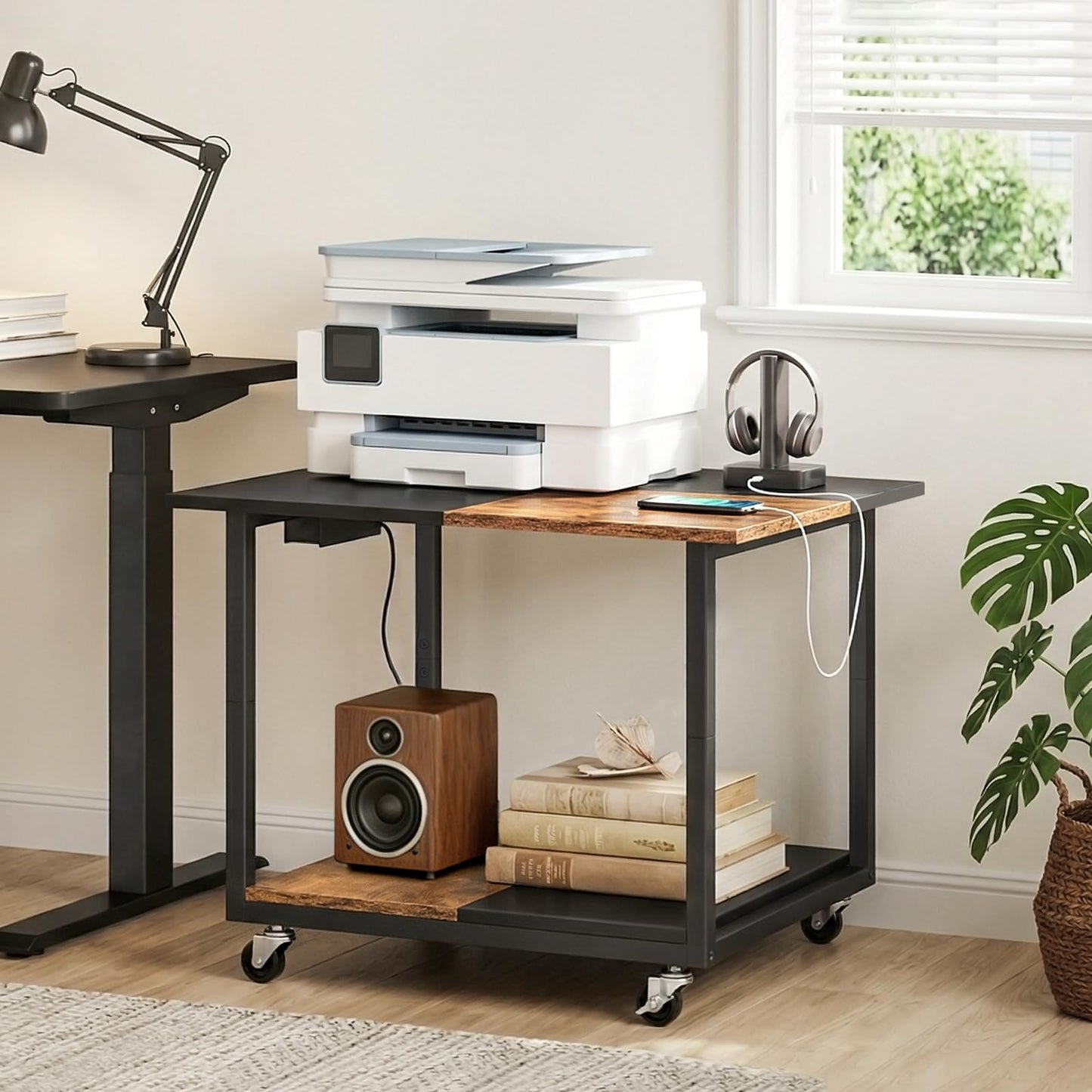 HOOBRO 23.6"×23.6" Large Printer Stand, Printer Table with Charging Station, Printer Cart on Wheels, Rolling Cart, for Office, Living Room, Rustic Brown and Black BF14UPS01