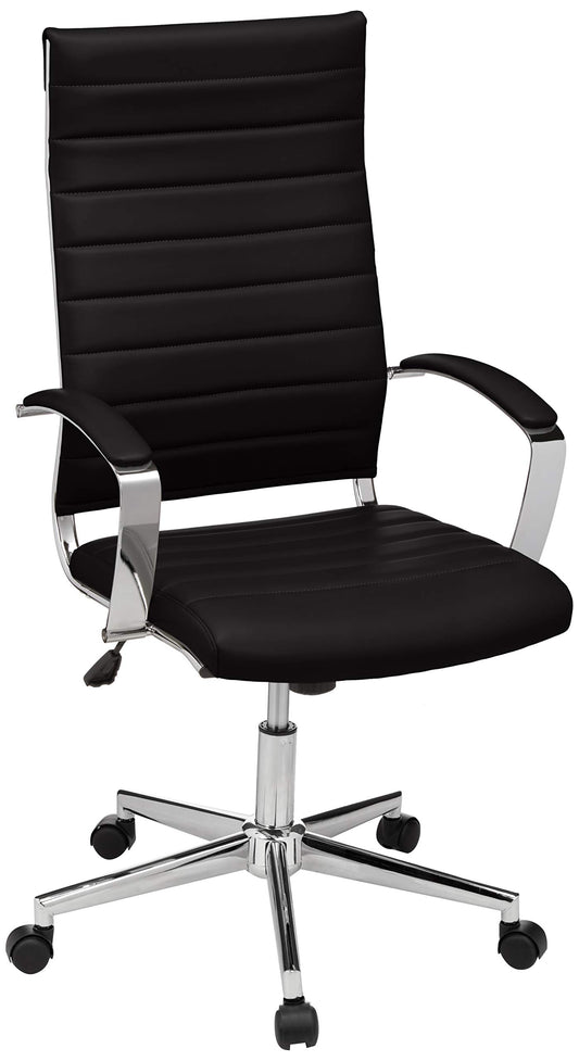 Amazon Basics High-Back Swivel Desk Chair, Ergonomic Ribbed Faux Leather Upholstery, Lumbar Support, Home Modern Style, Black, 45.25" x 24.75" x 23.25"