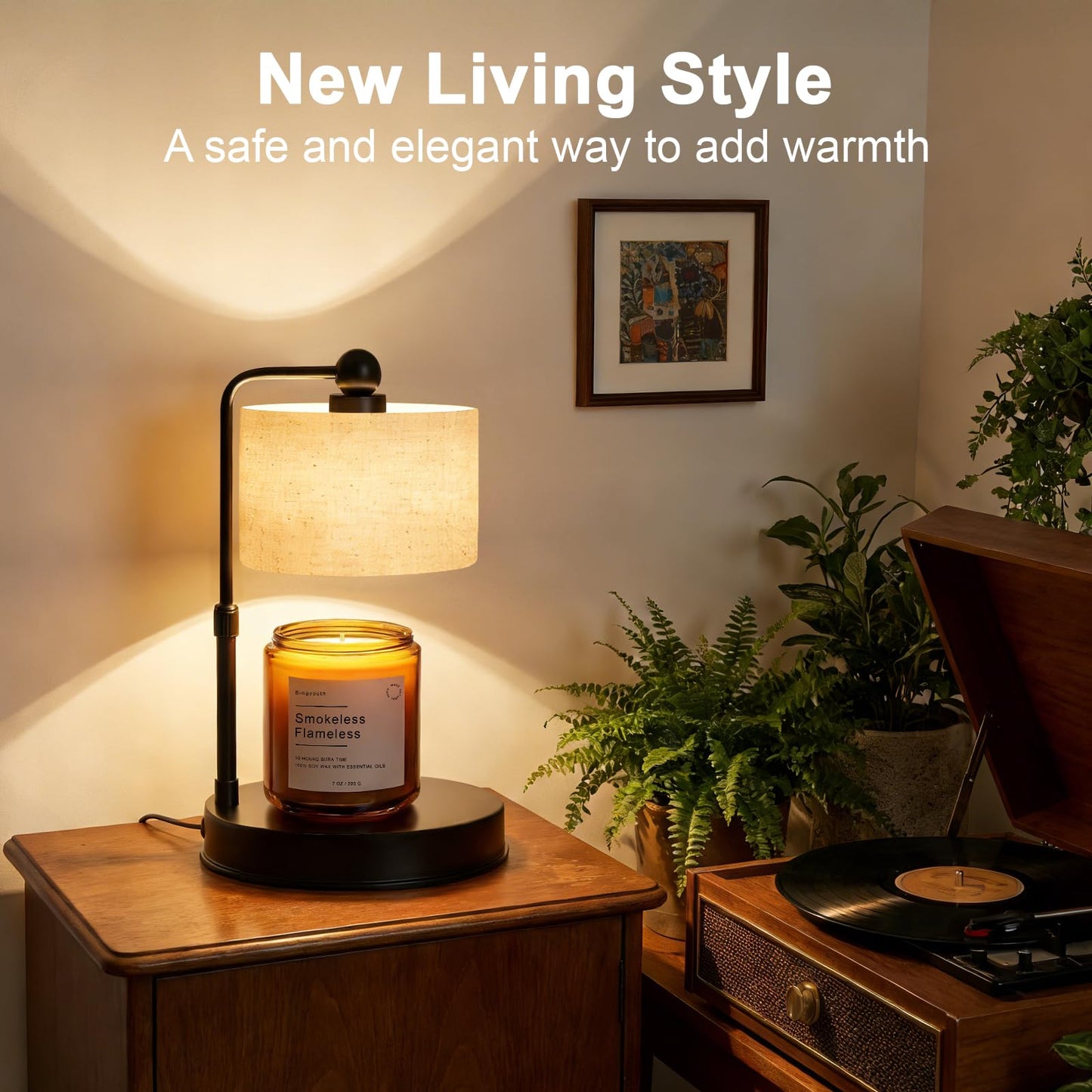 Bingyouth Candle Warmer lamp for 3 Wick Candles, Large Candle Warmer Lamp with Timer, Dimmable, Adjustable Height, Modern Farmhouse Linen Shade, Black Candle Warming Lamp, 2 Bulbs Included
