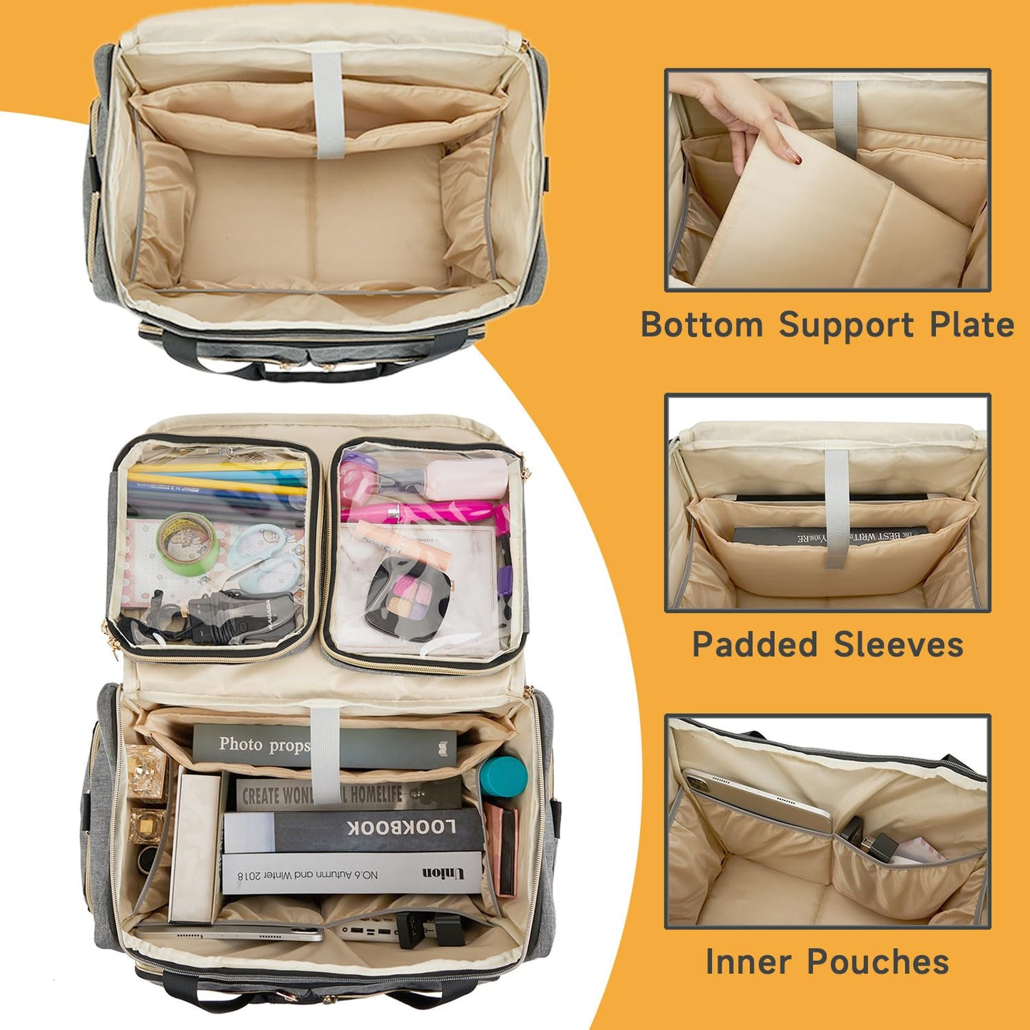 Arxus Rolling Teacher Bag with 4 Wheels, Art Tote Bag for Women with Detachable Dolly, Heavy Duty Briefcase with Padded Sleeves for 15.6” Laptop Grey
