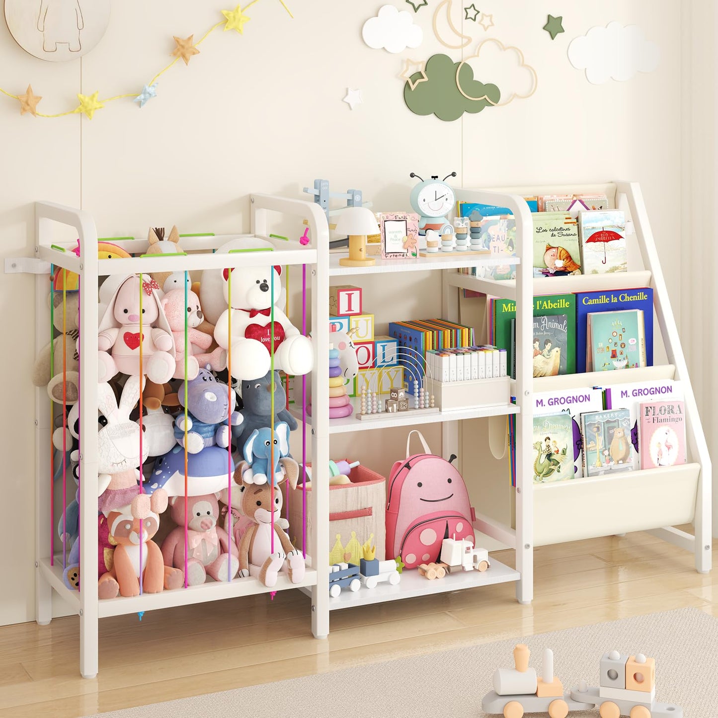 CYXPHION B1 Kids Bookshelf and Toy Storage, 3-Tier Book Shelf for Kids Rooms, Sling Baby Bookcase with Stuffed Animal Storage, Montessori Toddler Bookshelf for Nursery, Bedroom, Playroom, White