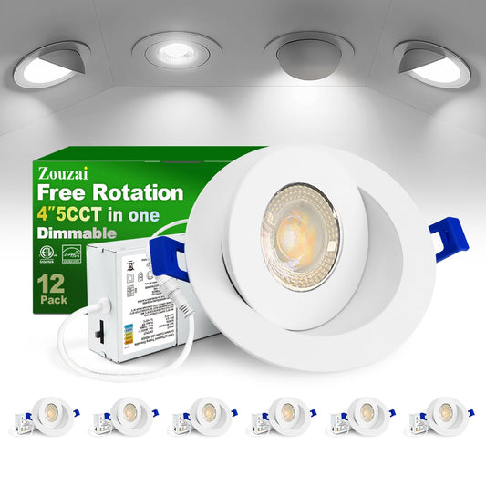 zouzai 4 inch 5CCT Adjustable Gimbal LED Recessed Light, 360°+90° Directional, Dimmable, Decorative Lighting for Home and Commercial, Ambient Lighting, Displays, Sloped Ceilings, 6-Pack White ETL