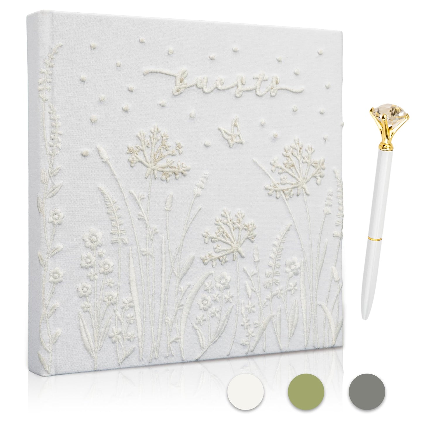 Gatyko Embroidered Wedding Guest Book—The Perfect Polaroid Guest Book for Wedding Receptions， Birthdays, Baby Showers, and Special Events with 3 Photo Corner Stickers+ 3 DIY pens+1 Diamond Pen(Cream)