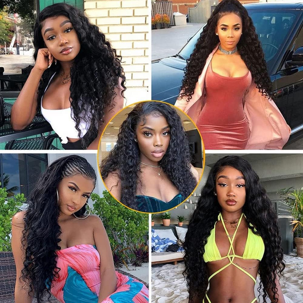 QTHAIR 14A 13x4 HD Lace Frontal Human Hair 20 Inch Deep Wave Frontal Pre Plucked with Baby Hair Ear to Ear Transparent Lace Frontal Closure 100% Virgin Deep Wave Human Hair Frontal 1B Natural Black