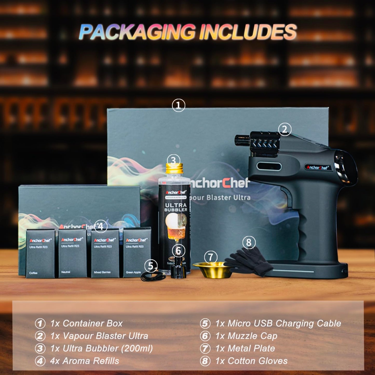 AnchorChef Cocktail Smoke Bubble Gun Set with 4 Aroma Flavour and Edible Bubbles -Aroma Blaster Gun Kit -for Bar/Home -for Whiskey, Bourbon, Rum, Tequila, Vodka -Gift for Men/Bartender/Father/Husband