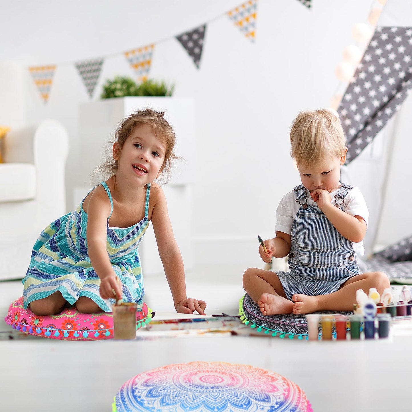Ganeen 12 Pcs Boho Floor Cushions for Classroom Kids Seating Pillow Flexible Floor Cushions Meditation Pillows for Toddler Sitting at Home School Classroom Kindergarten Daycare Nursery (Round)