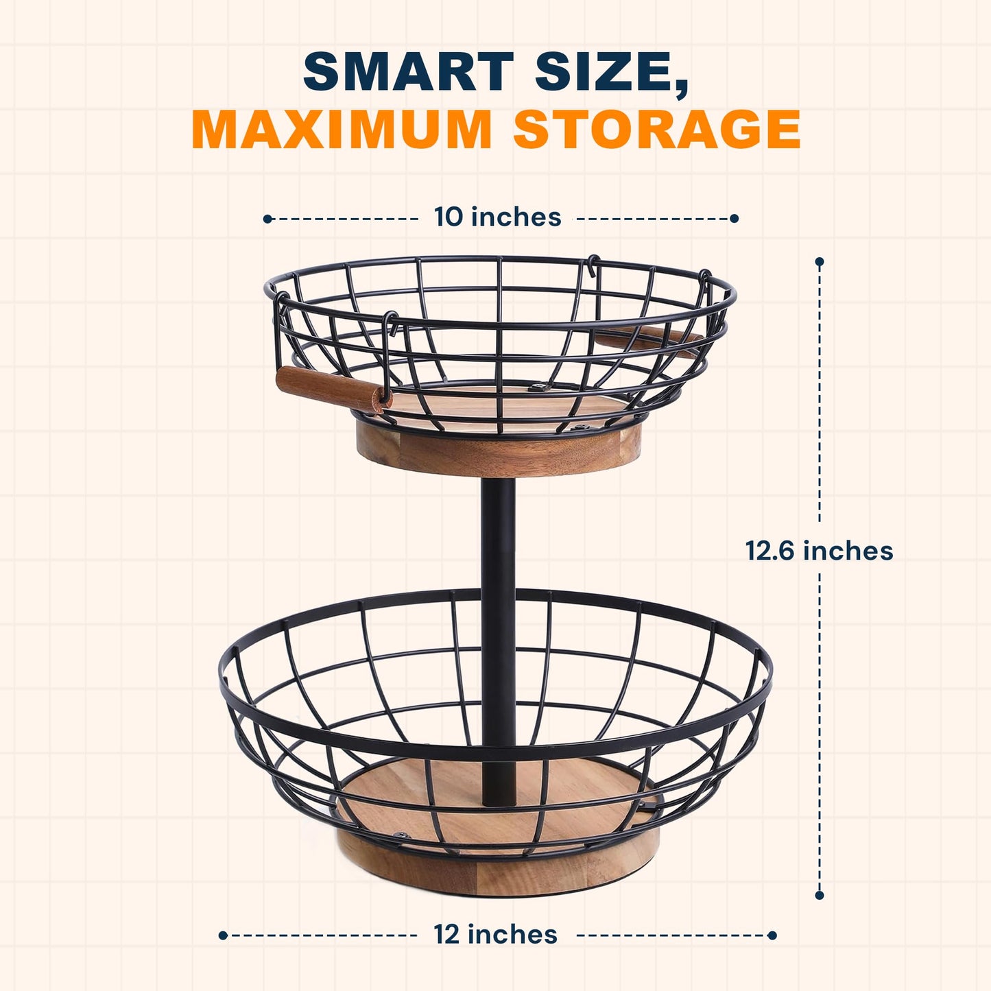 MILENTII 2 Tier Fruit Basket with Banana Hanger, Metal Fruit Bowl Stand with Wooden Base, Kitchen Counter Fruit Organizer for Vegetables, Bread, Snacks Storage Basket