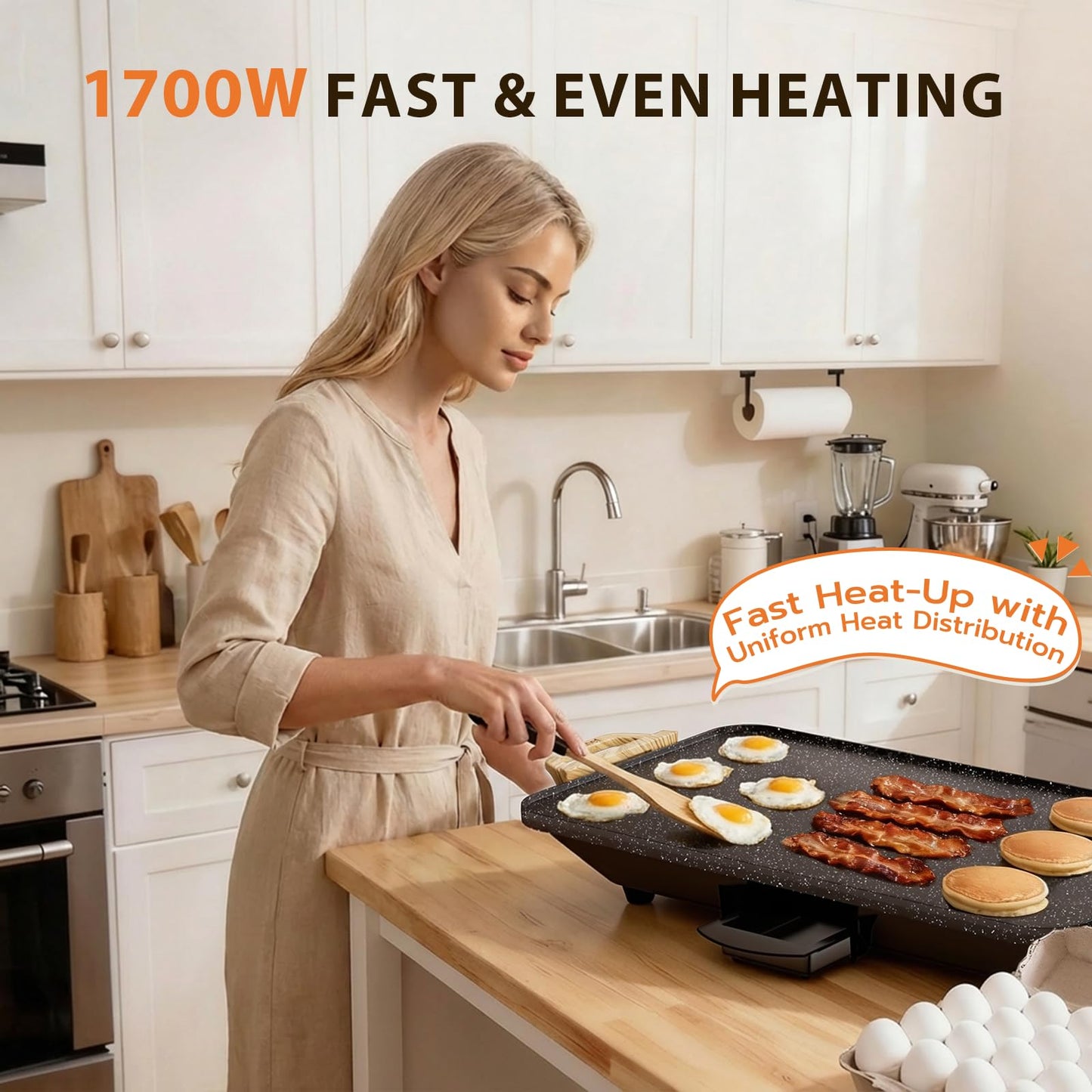 SENSCHEF CookSimple Everyday 20x12 Inch Electric Griddle with 1700W Fast Even Heating&ILAG Granite Nonstick Surface – Large Flat Griddle Perfect for Family Meals, Pancakes–Easy to Clean, Granite Black