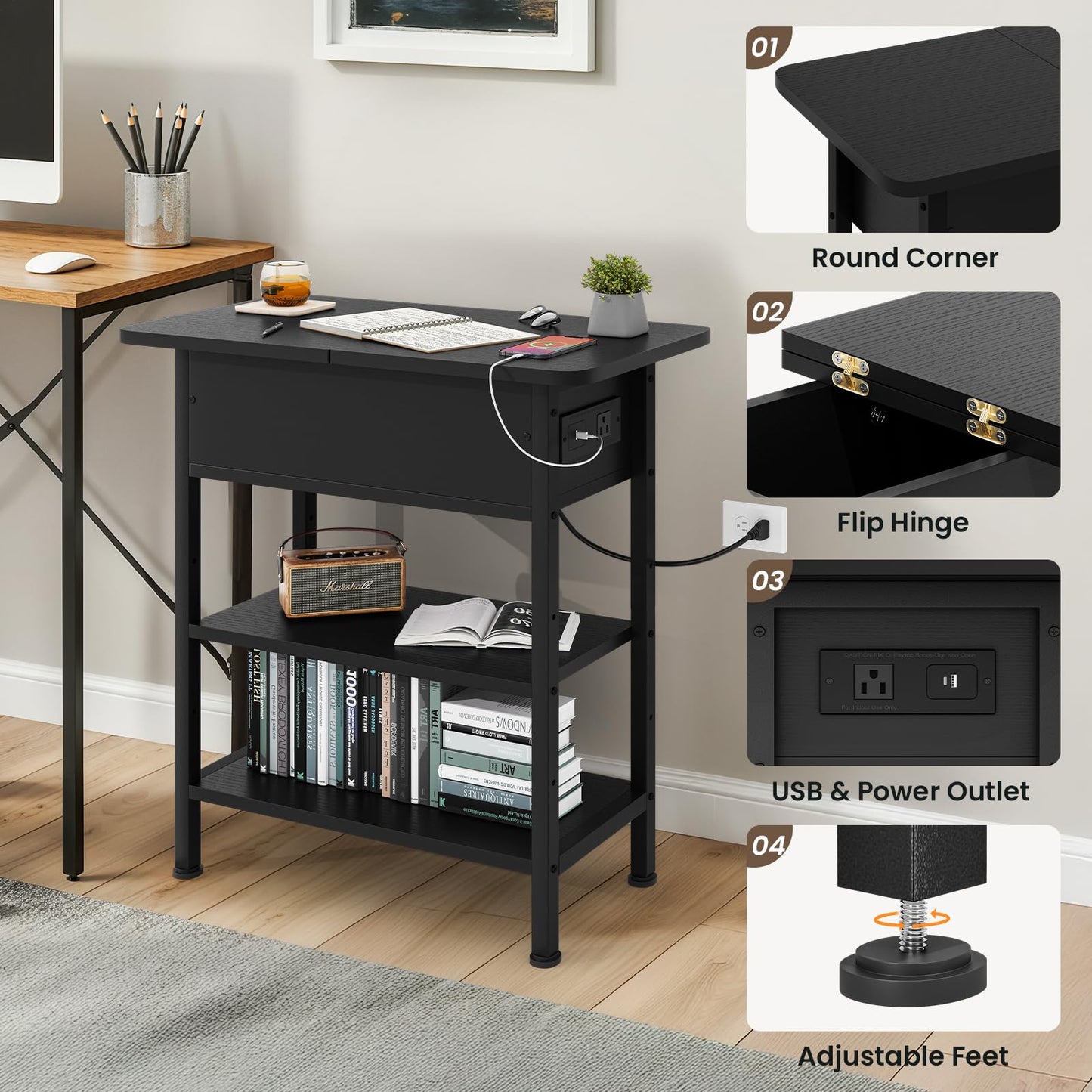 GRUSIGN End Table with Charging Station, Flip Top Side Table with USB Ports and Outlets, 3-Tier Small Side Table with Storage for Small Space, End Tables for Living Room/Bedroom, Black