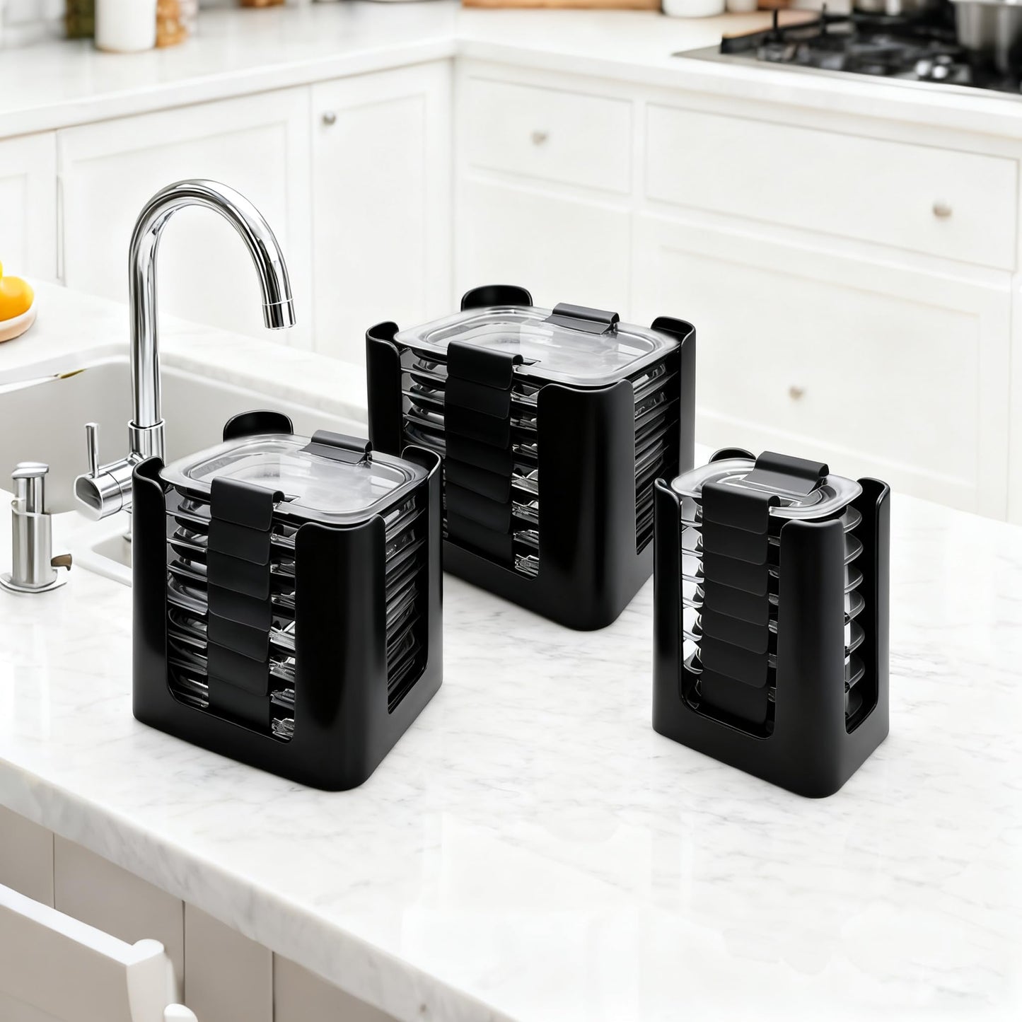 Food Container Lid Organizer for Rubbermaid Brilliances nap-on lids, Lid Organizer for Kitchen Cabinet Storage (3-Piece) - Holds 24 Lids for 4.7 Cup, 3.2 Cup, 1.3 Cup & 0.5 Cup Containers (Black)