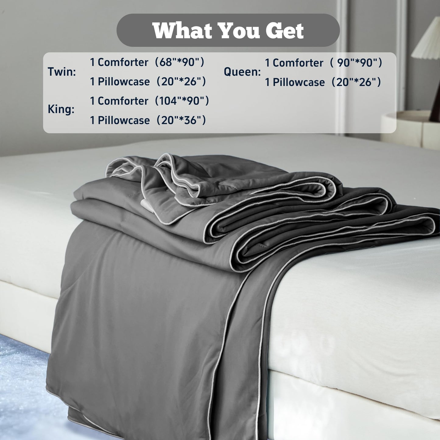 DOWNCOOL Cooling Comforter Queen Size, Lightweight Blanket for Hot Sleepers with Cooling Pillowcases, 3-Piece Bedding Set for Night Sweats & Moisture-Wicking Quick-Dry Fabric, Grey 90″x90″
