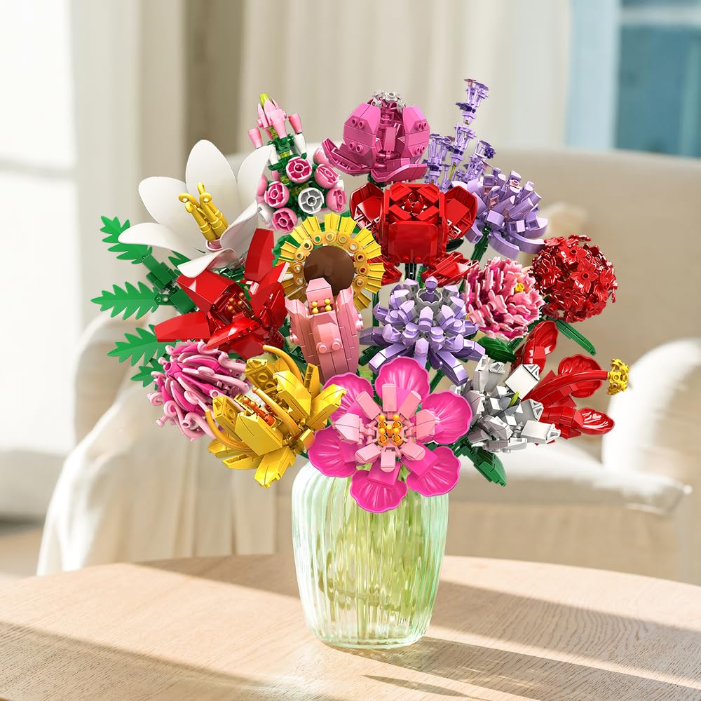 HOGOKIDS Flowers Bouquet Building Set - 1413PCS Bouquet Botanical Collection Building Blocks Toy, 18 Flowers Home Plant Decor, Christmas Birthday Gift for Adults Kids Girls Ages 8+