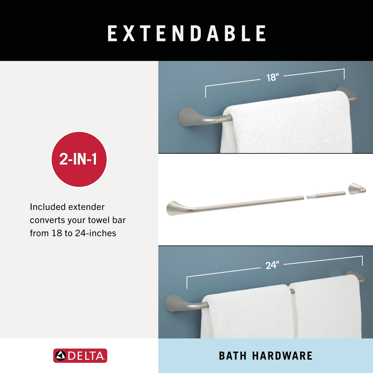 Delta ARV64-DN Arvo 4-Piece Bath Hardware Set 18-in Towel Bar w/ 6-in Extender, Toilet Paper Holder, Towel Ring, Hook, Brushed Nickel