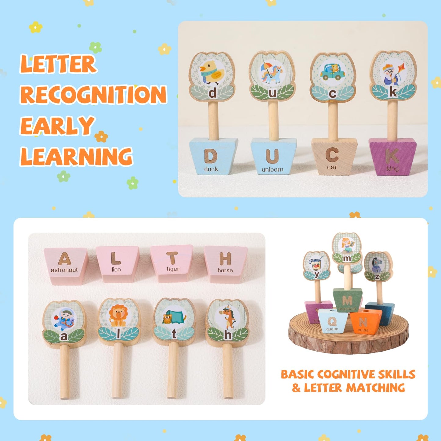 Montessori ABC Learning Toys for Kids, Wooden Matching Games for Toddlers 3-5 - Letter & Flower Matching Alphabet Puzzles with Storage Bag, Fine Motor Skills Toys Gift for Girls Boys 3+ Years Old