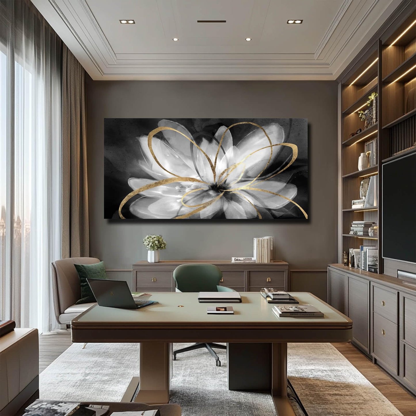 SOUGUAN Room Decor Floral Wall Art 24"x48" botanical Painting Black Art for Living Room Kitchen Dining Room Home Office