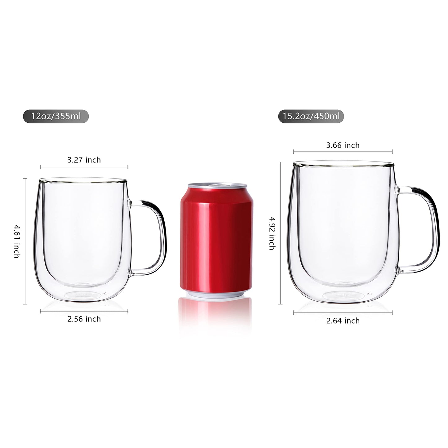CNGLASS Large Double Wall Glass Coffee Mug 15.2oz,Clear Insulated Glass Espresso Cup with Big Handle,Clear Glass Espresso Mugs for Latte,Cappuccino,Tea Bag,Hot and Cold Beverages,set of 4