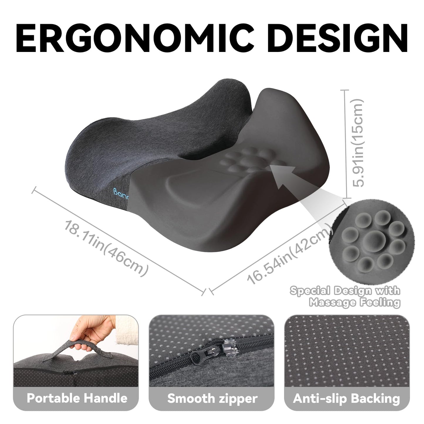 Bangkee 18x16 Inch Memory Foam Seat Cushion for Office, Travel, Car