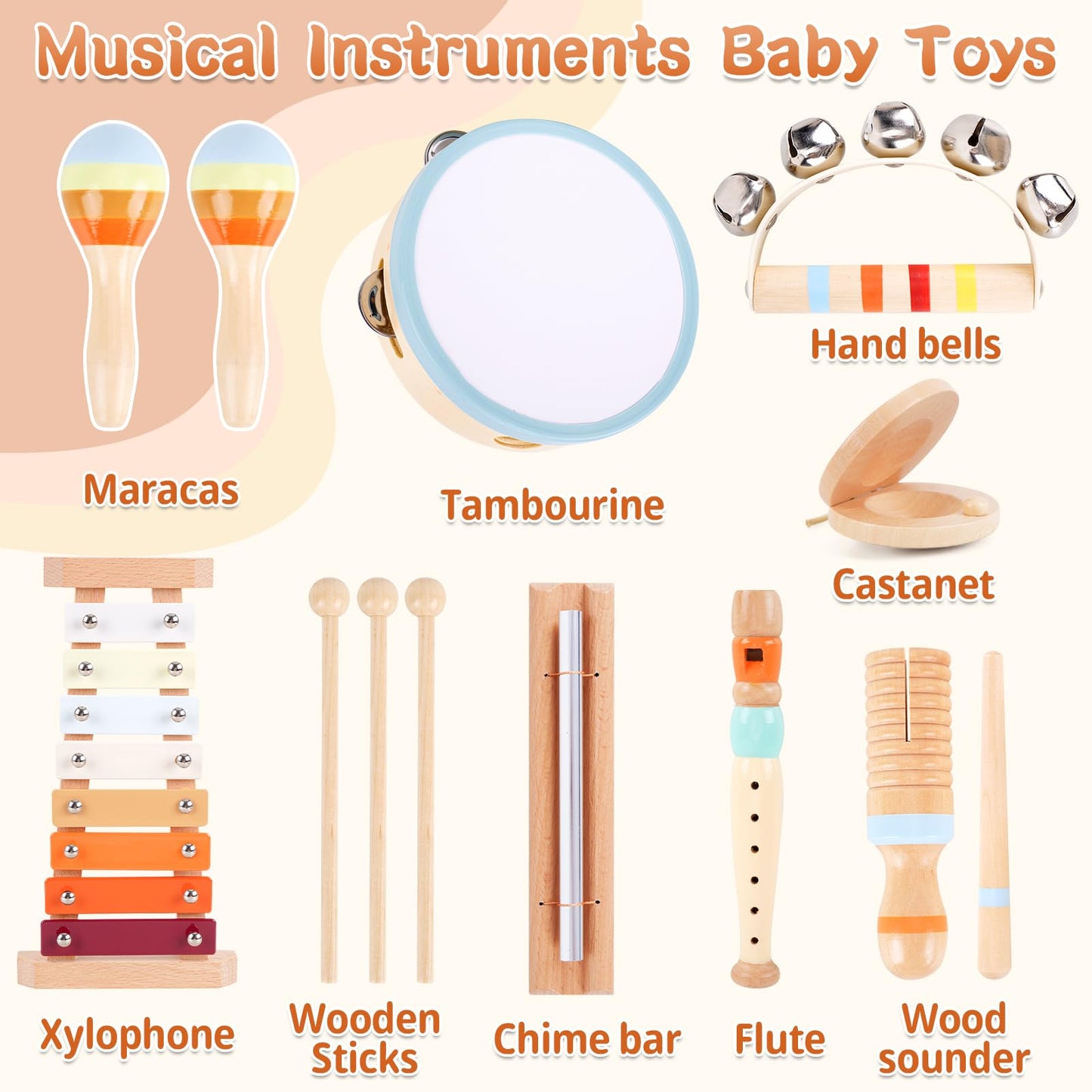 Wooden Musical Instruments for Toddlers 1-3 - Montessori Educational Toys for 1 2 3 Year Old Baby Kids, with Xylophone, One 1st 2st Christmas Birthday Gifts for Girls Boys