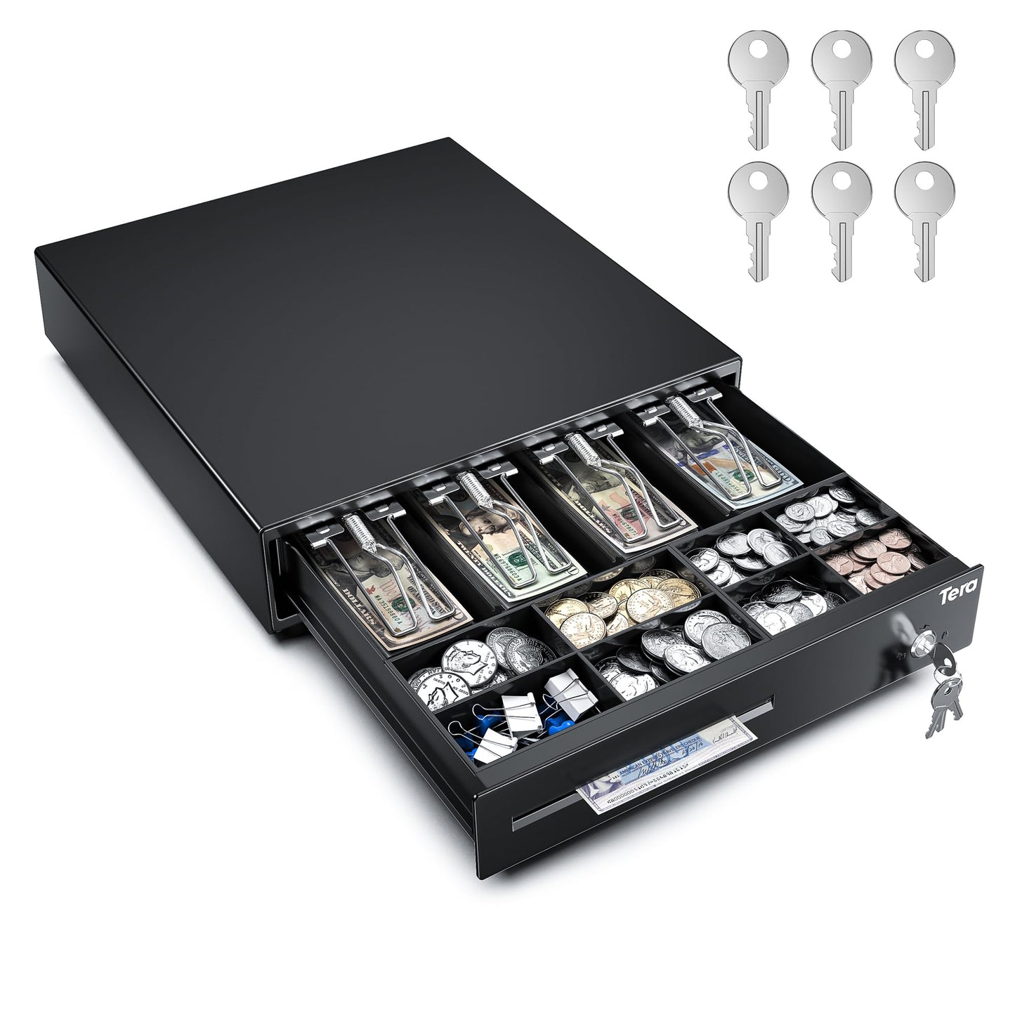 Tera 13 inch Auto Open Cash Register Drawer with 6 Keys Heavy Duty 4 Bill 8 Coin Removable Cash Tray Media Slot 24V RJ12 Key-Lock Round Corner for POS System Small Businesses Retail 330E