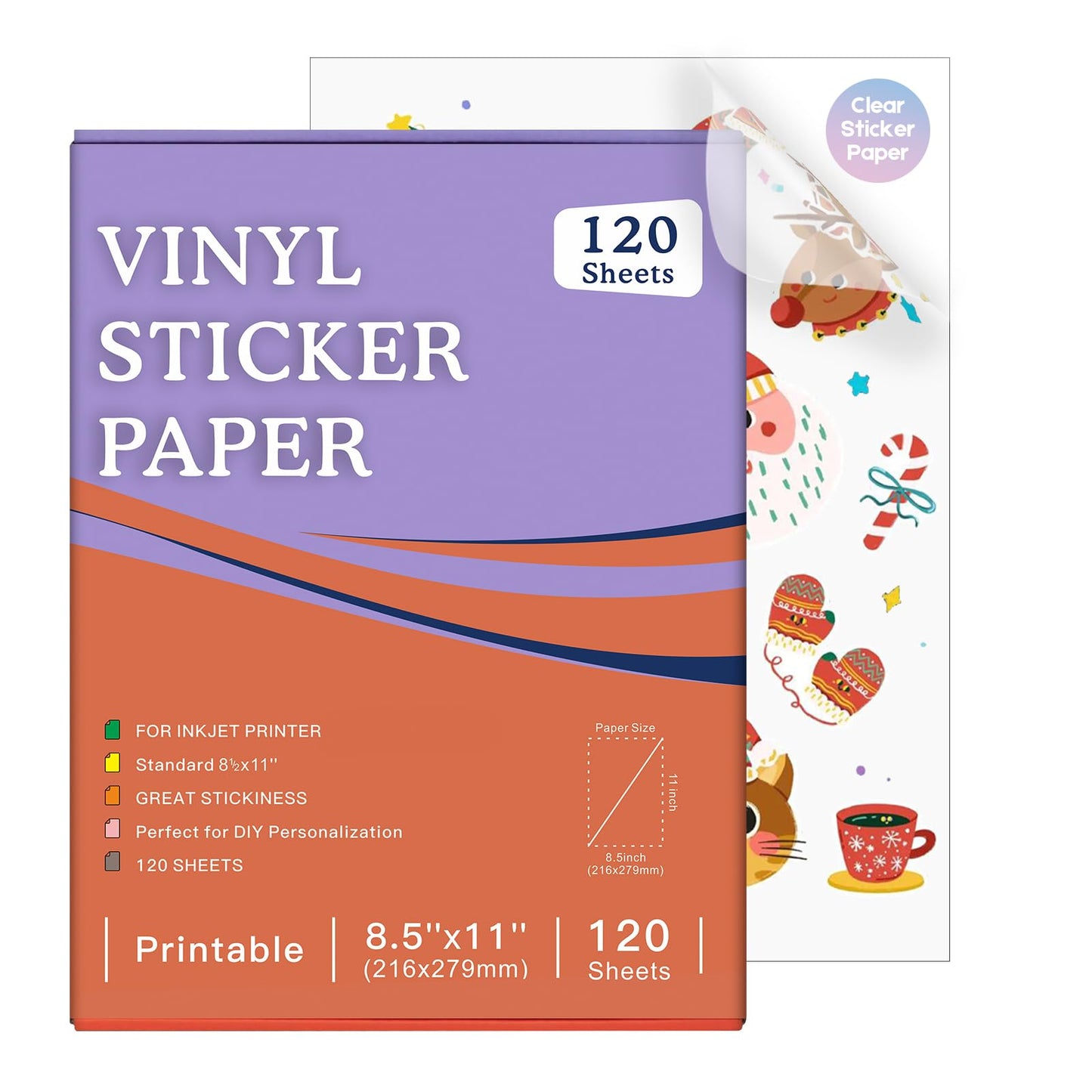 Aevdor 120 Sheets Premium Printable Clear Vinyl Sticker Paper for Inkjet Printer, 8.5x11" Transparently Vinyl Sticker Paper Waterproof, Dries Quickly, Vivid Colors, Great for Cutting Machines