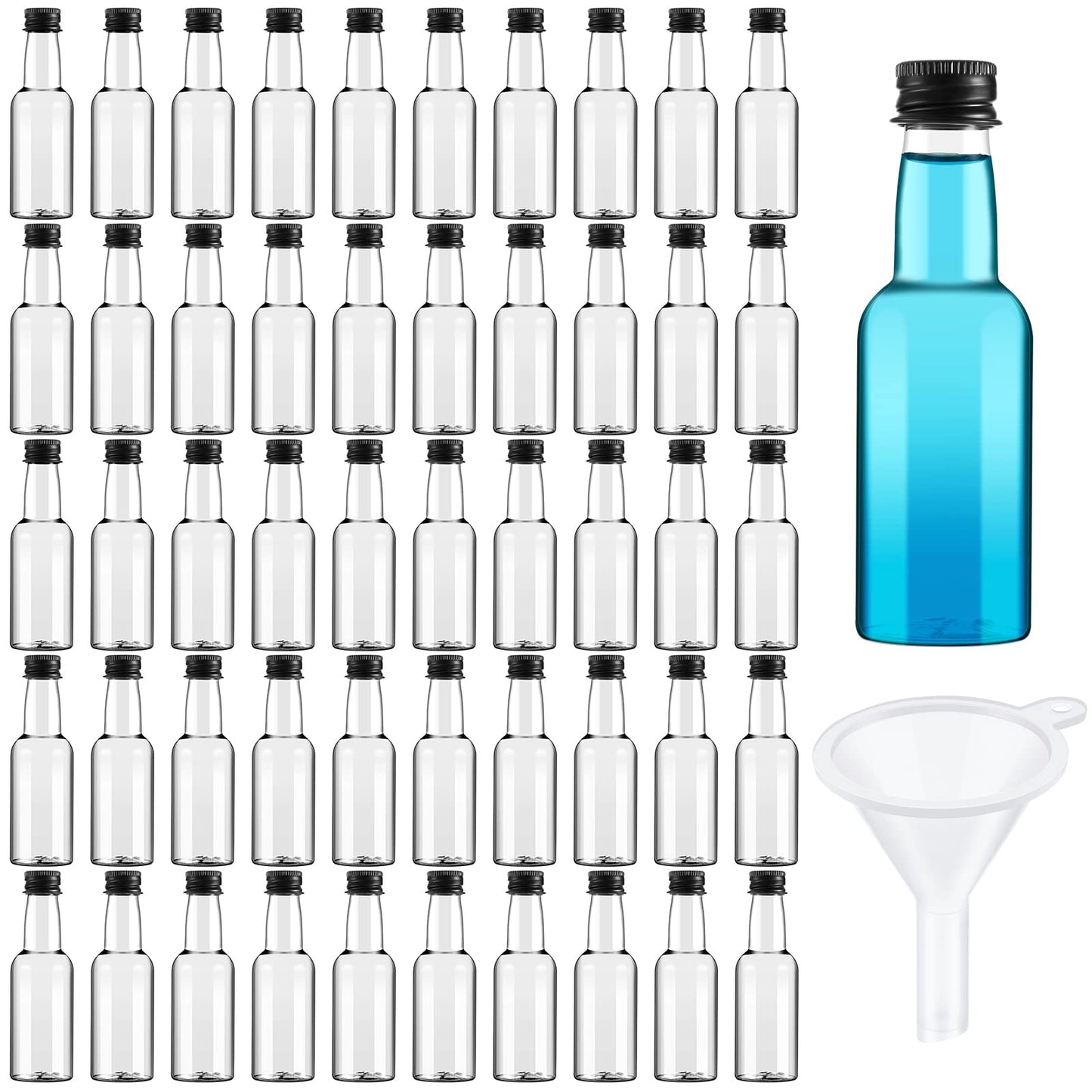 208 Mini Liquor Bottles 1.7 oz Plastic Mini Empty Spirit Bottle with Black Screw Cap Small Wine Hot Sauce Container with Caps Liquid Funnel Easy Pouring Party