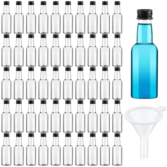 208 Mini Liquor Bottles 1.7 oz Plastic Mini Empty Spirit Bottle with Black Screw Cap Small Wine Hot Sauce Container with Caps Liquid Funnel Easy Pouring Party