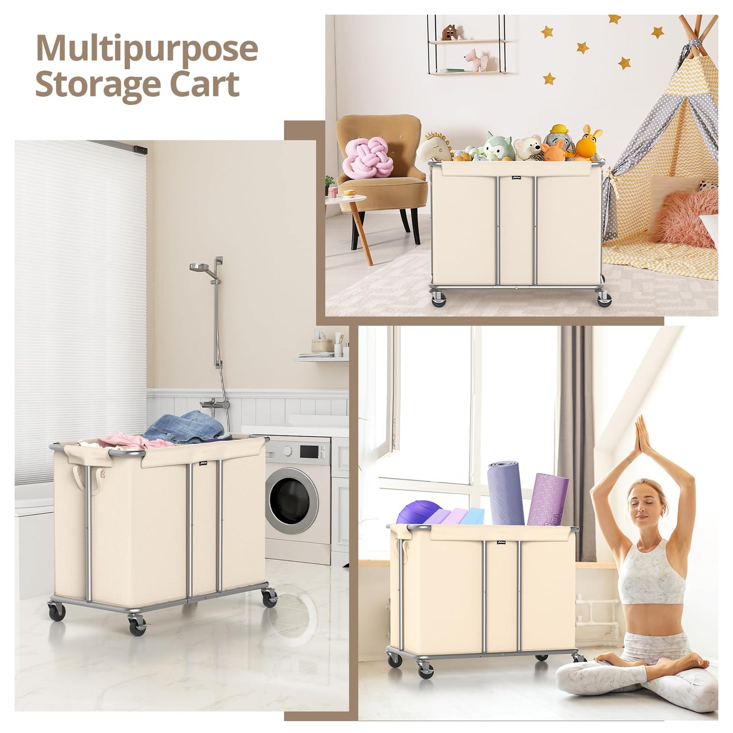 Hodonas 230L Rolling Laundry Hamper, 2-Section Laundry Basket with Wheels, 61 Gallons Laundry Sorter with Metal Structure and Removable Liner, Clothes Hamper for Laundry Room, Bathroom, Bedroom, Beige
