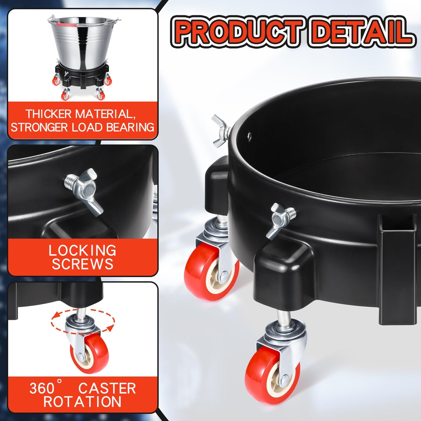 Datanly 2 Pcs 5 Gallon Bucket Dolly with 5 Swivel Wheel Casters 11.42'' Car Wash Bucket Dolly Round Plastic Dollies for Car Washing Garage Construction Flowerpot(Black)