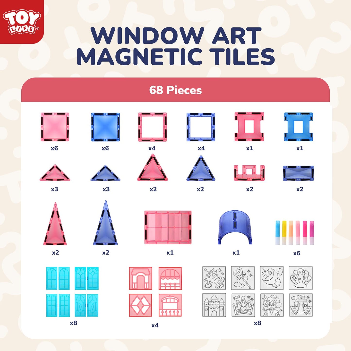 TOY Life Magnetic Tiles for Kids Ages 4-8, Building Toys Magnetic Toys for Toddlers 3+, 68pcs Princess Castle Magnet Tiles with Windows Art, Magnetic Building Blocks Toddler Toys Games