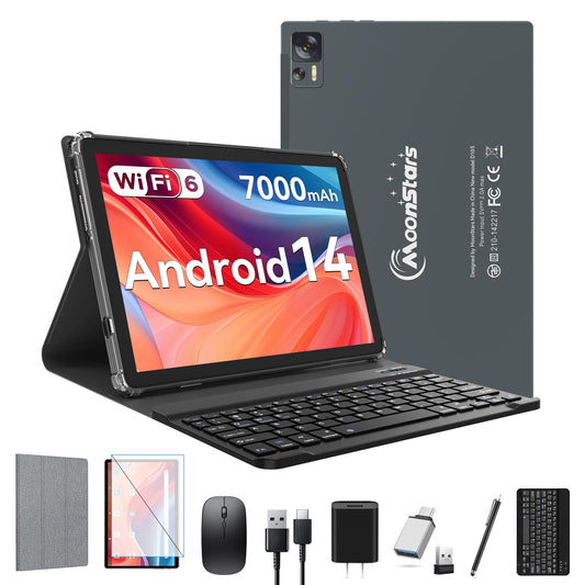 10.1 inch Android 14 Tablet 2025 Latest Update Octa-Core Processor with 64GB Storage, WiFi 6 Tableta, 13MP+5MP Dual Camera, 2 in 1 Tablet with Keyboard, Bluetooth, FHD IPS Screen, Mouse, Case, Stylus