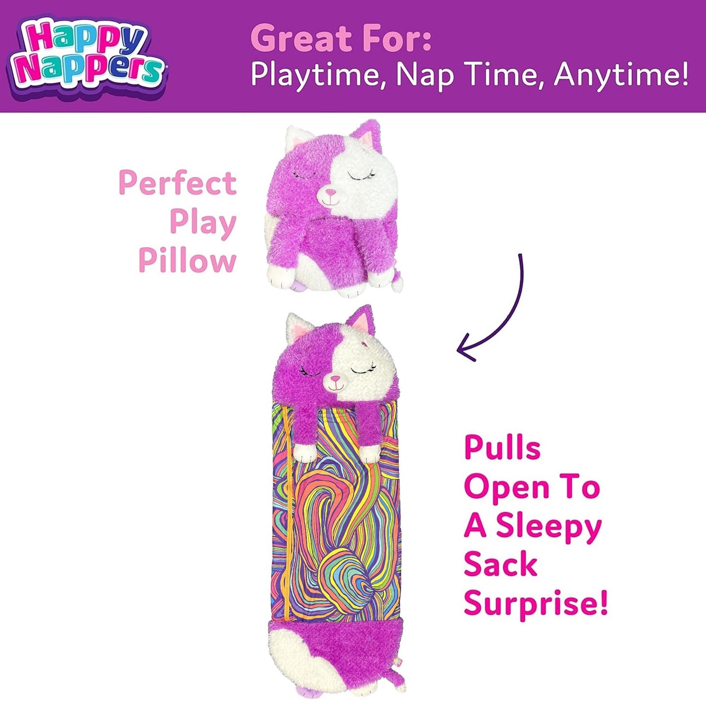 Happy Nappers: S4 Pillow & Sleepy Sack: Medium - Muffin the Kitty- 54x20, 2-in-1: Plush Animal Opens to Sleeping Bag, Play-Nap Character, Kids 3+