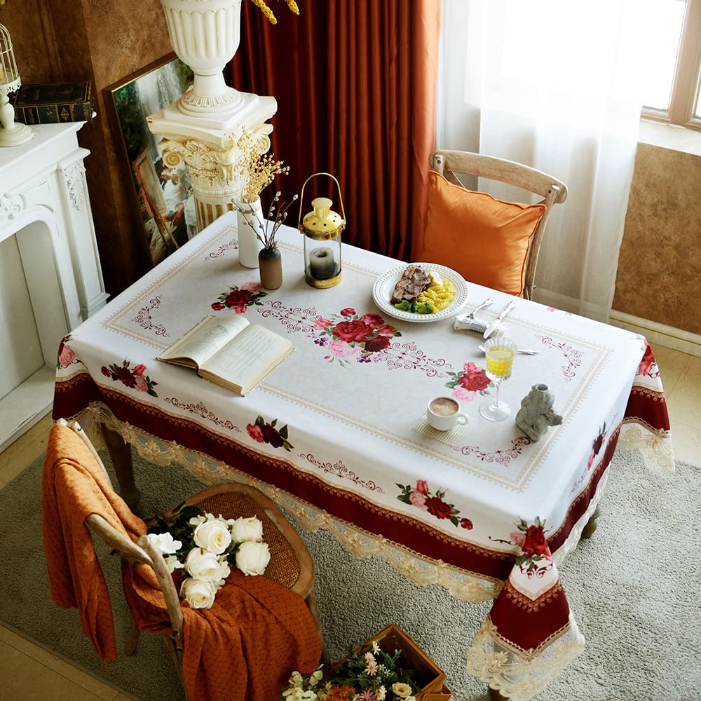 SUTAVIA Lace Embroidered Table Cloth,Rectangular Farmhouse TableCover,Classic Oblong Antique Flower Decor Macrame Tablecloth (Burgundy, Rectangle/Oblong,60 x 104 Inch,8-10 Seats)