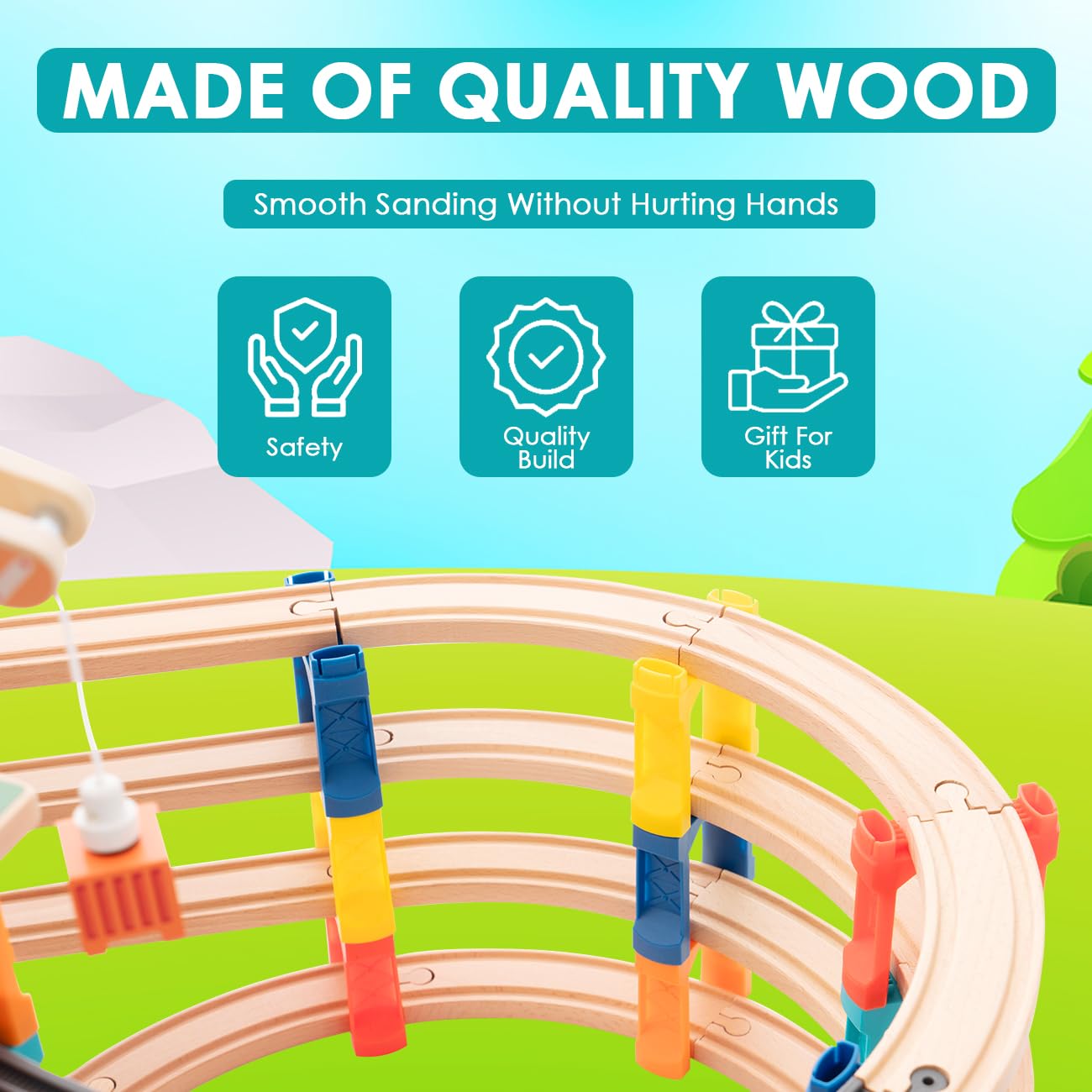 120Pcs Wooden Train Tracks Set, 398-inch Track Expansion, Toddler Railway Bridge Toy Train Set with Airplane and Magnetic Crane, Birthday Gifts for Boys and Girls, Compatible with All Major Brands
