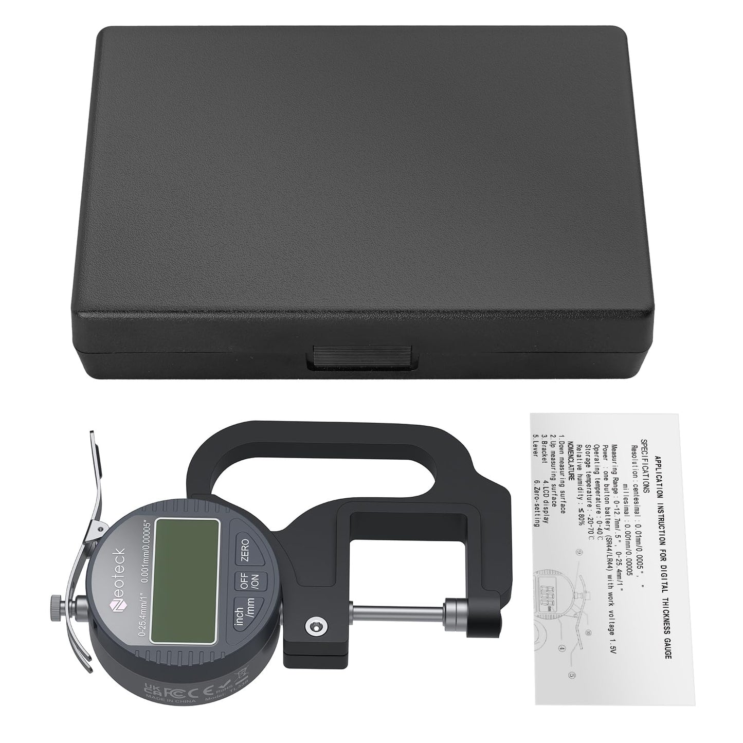 Neoteck Digital Thickness Gauge 1 inch/25.4mm, 0.00005"/ 0.001mm, Thickness Meter Precise Electronic Micrometer with LCD Display